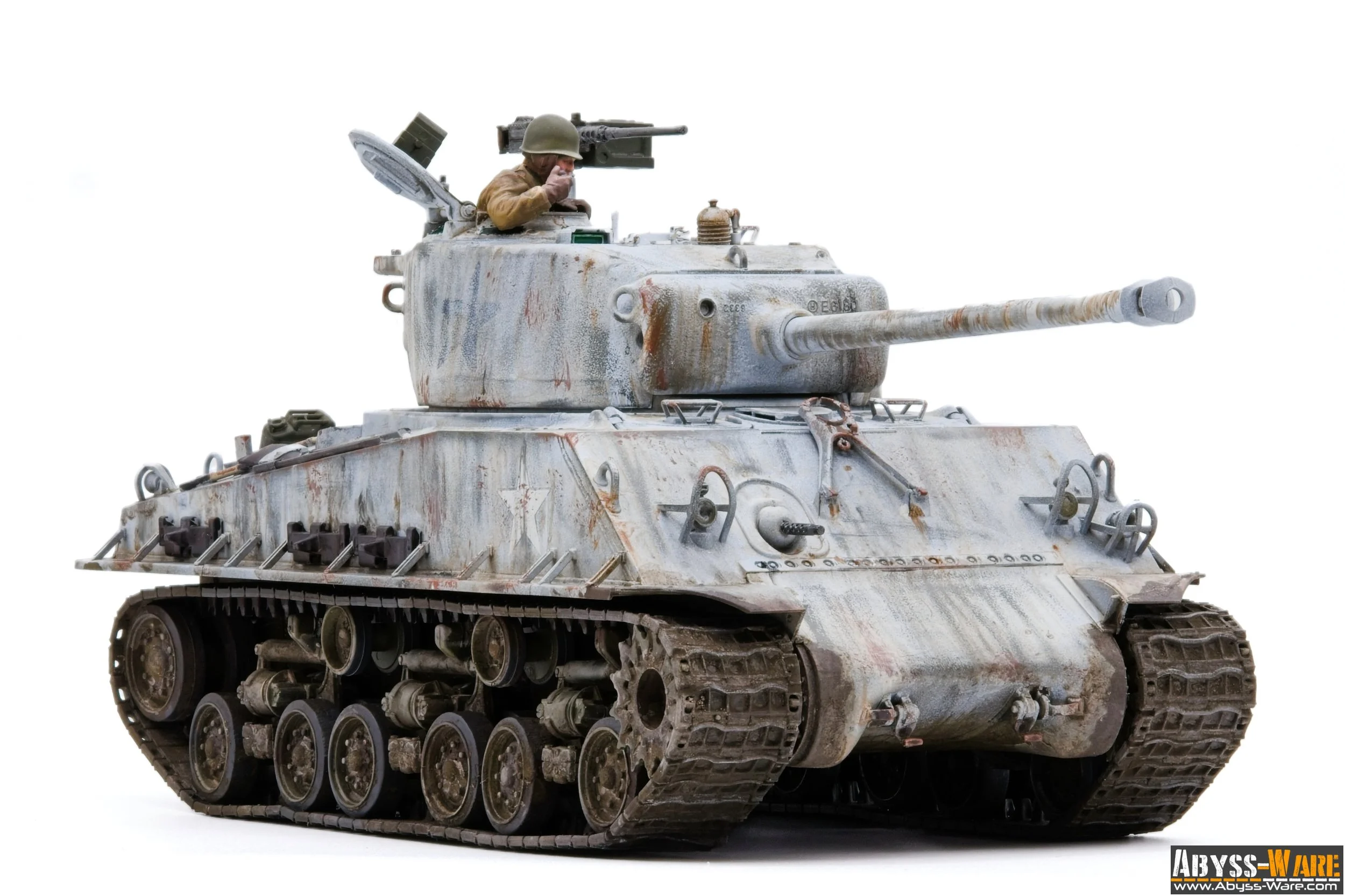 Model of a weathered, rust-colored military tank with a soldier figurine in the turret and a long barrel, isolated on white background.