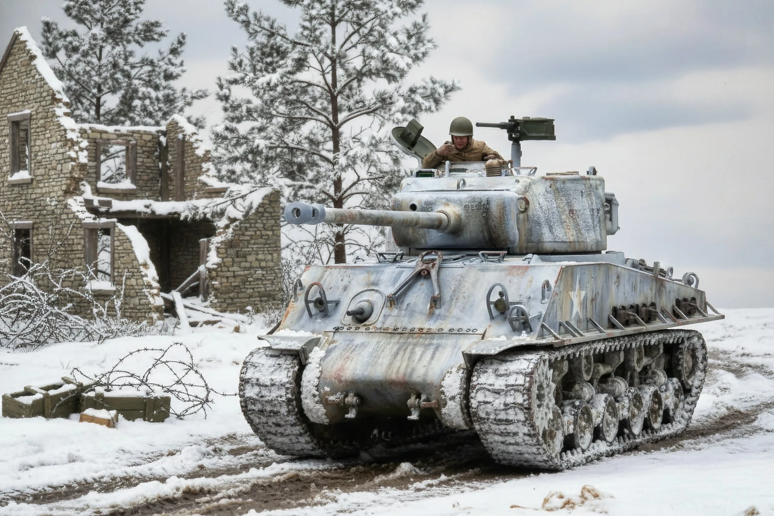A military tank moving through snow next to a damaged brick building with broken windows and snow-covered trees in the background.
