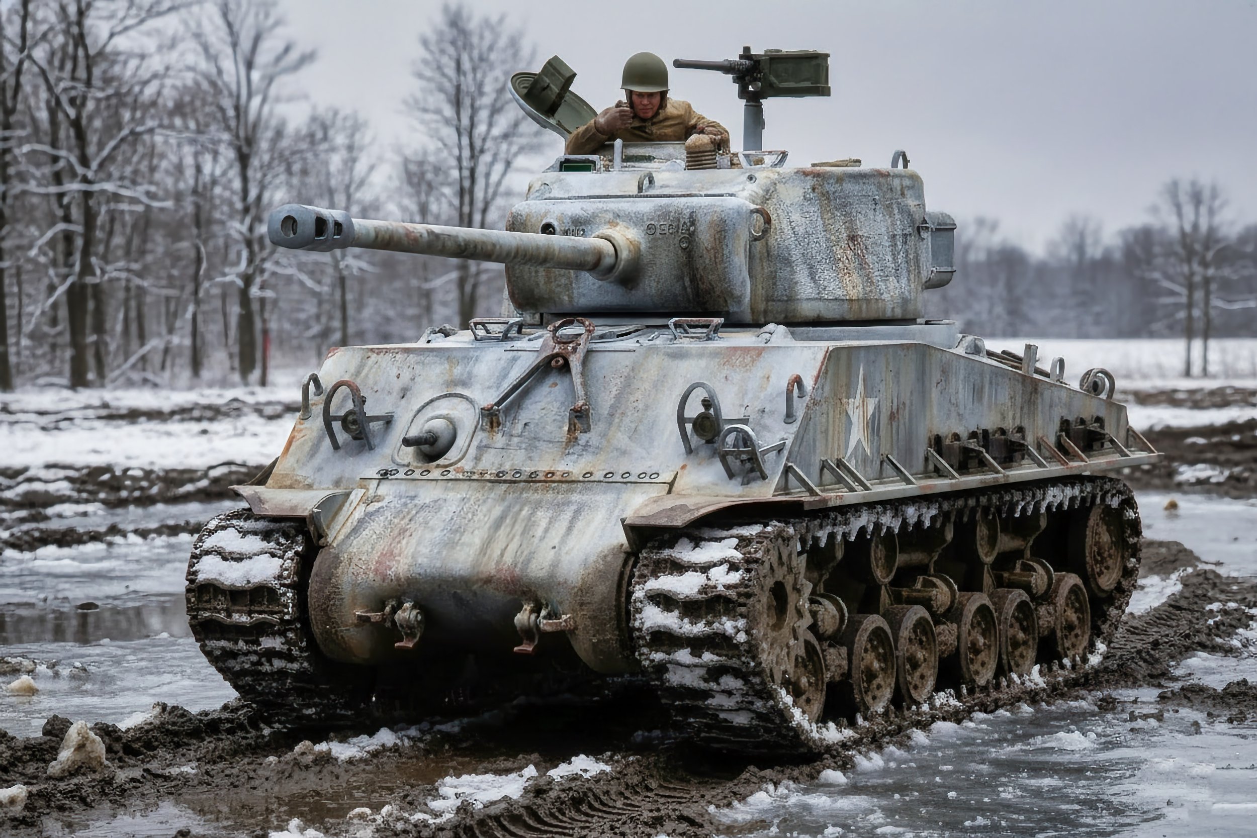 A weathered military tank with rust spots and a star on the side, moving through a muddy, snowy field with a soldier inside, surrounded by leafless trees under an overcast sky.