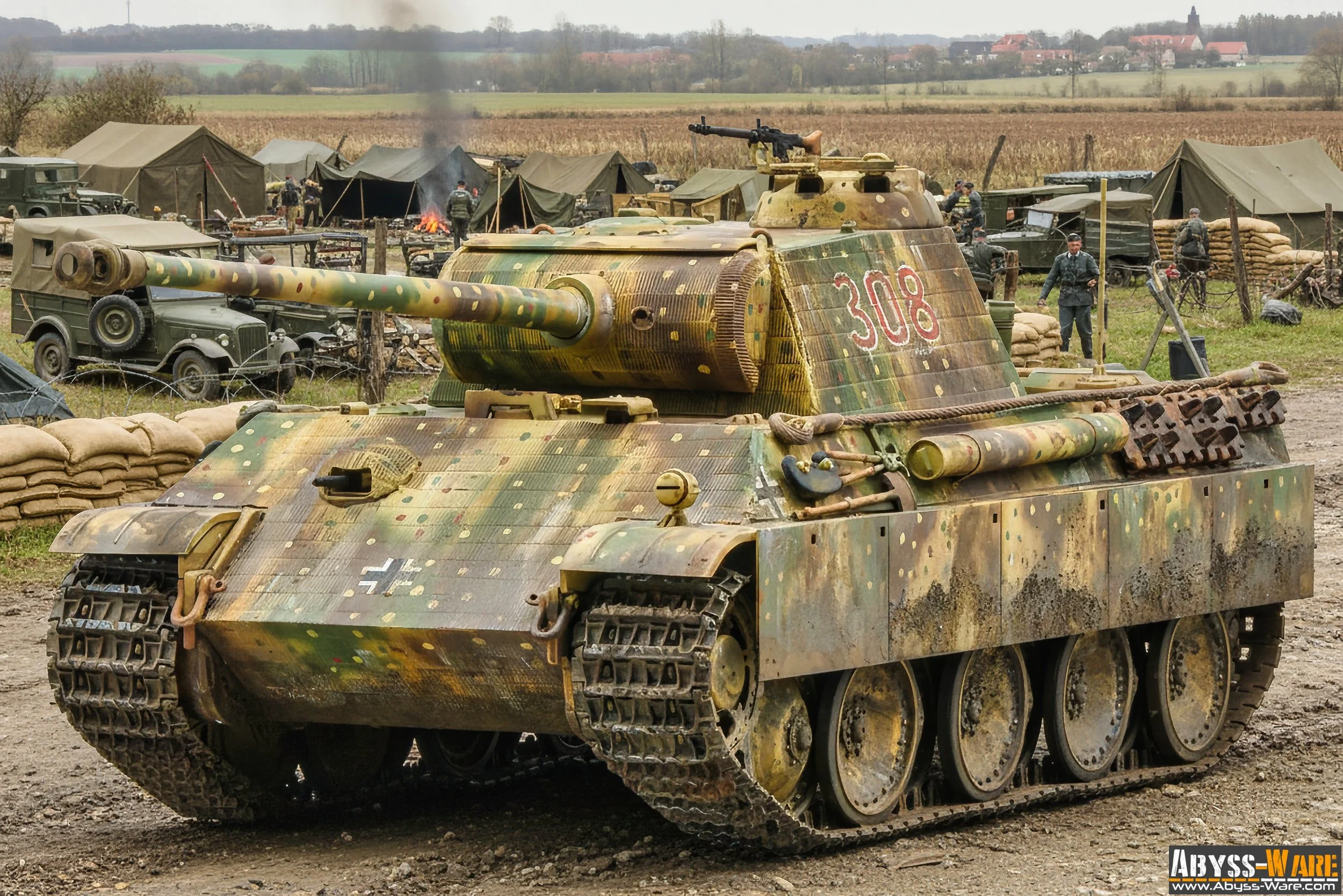 A military tank with camouflage paint, the number 308 on the turret, parked on dirt ground during a reenactment event. In the background, tents, vehicles, people in military attire, and various military gear are visible, set in a rural area with fiel