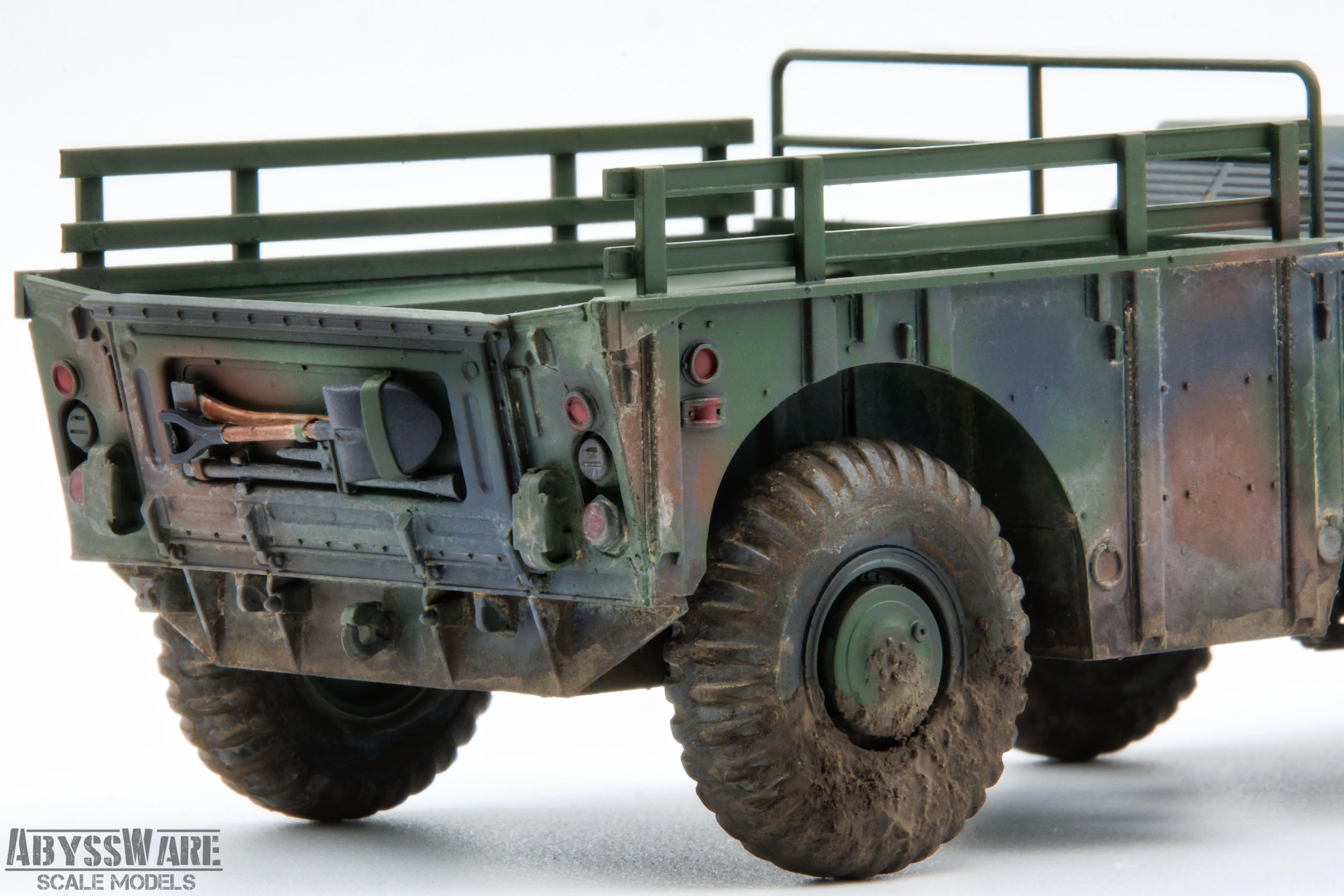 Scale model of a military cargo truck with muddy tires and green camouflage paint, by AbyssWares.