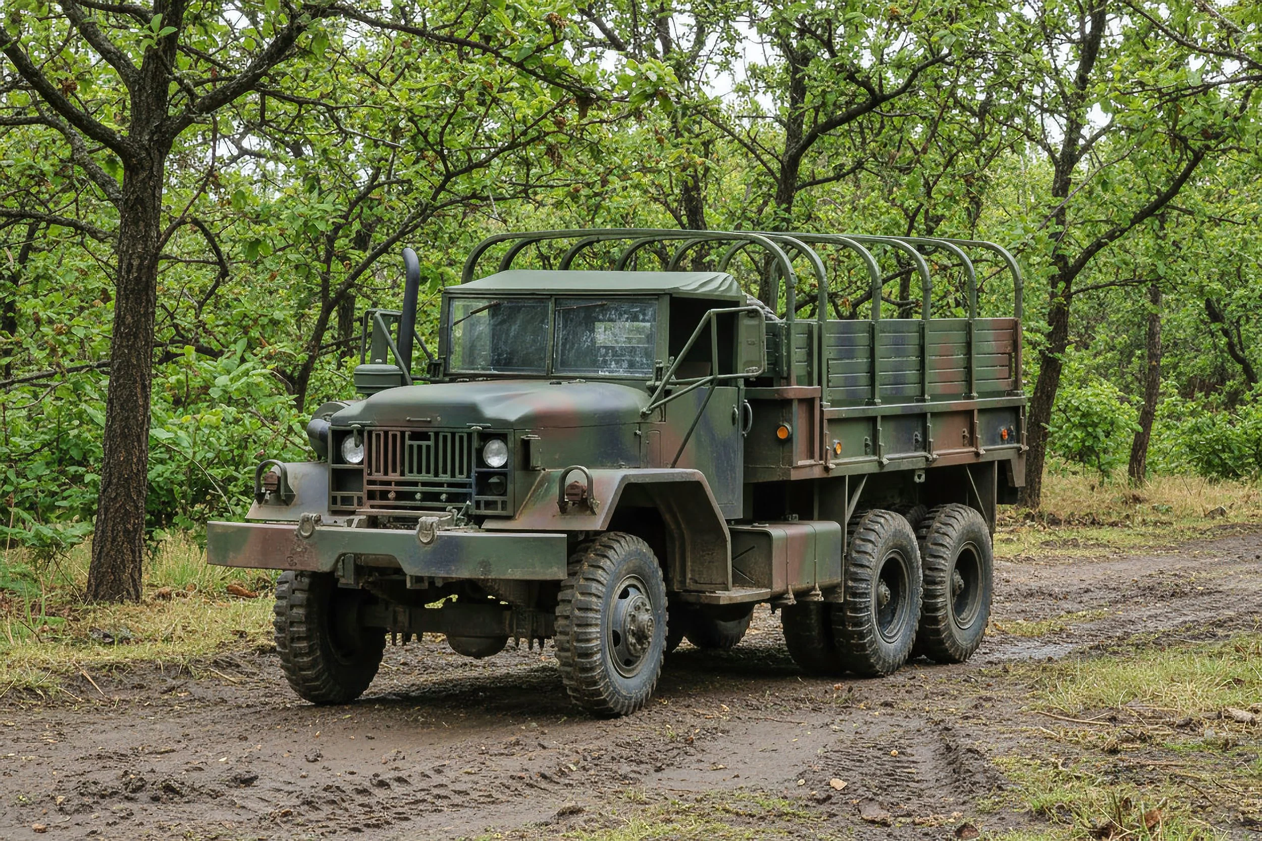 Military camouflage cargo truck parked in a green wooded area with dirt ground.