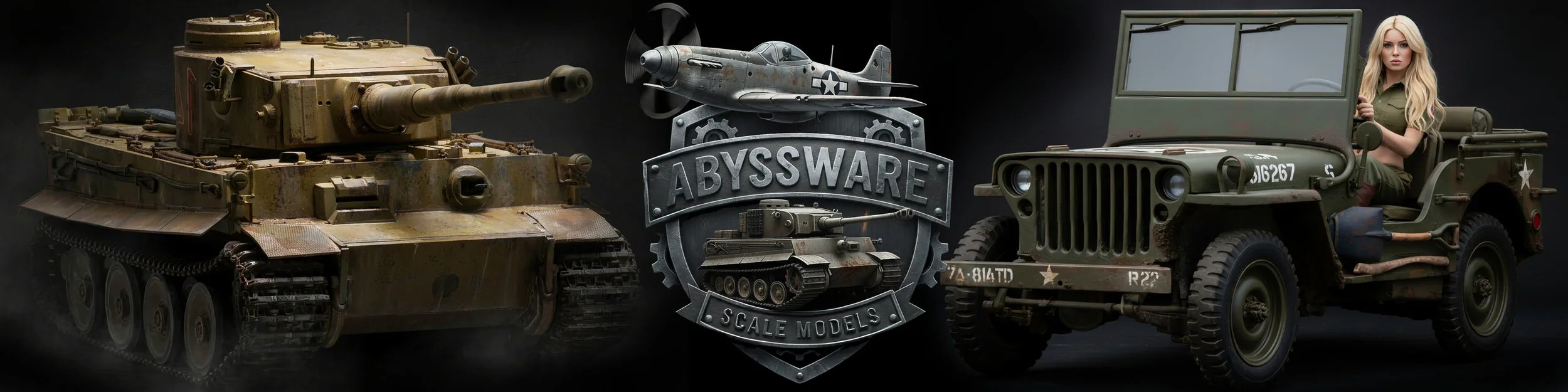 Side view of a toy scale model tank, a toy airplane, and a military jeep with a woman in military attire sitting inside, set against a dark background.