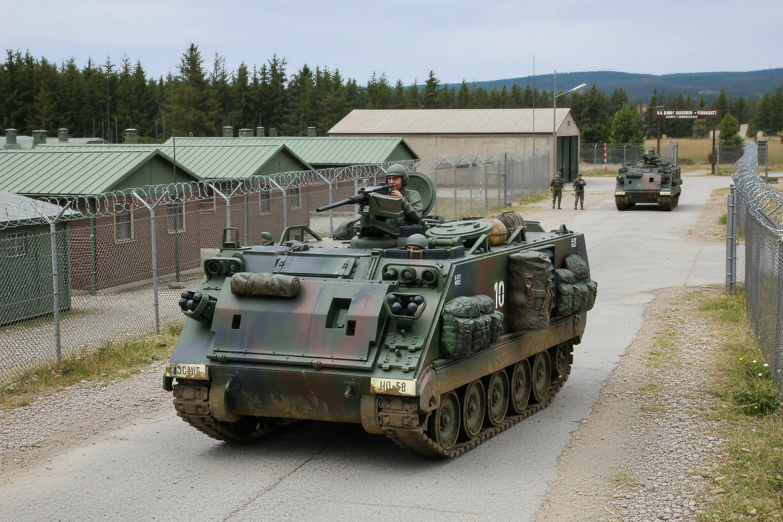 Military vehicle, an armored personnel carrier, driving along a gravel road near a fenced compound with soldiers in the background.