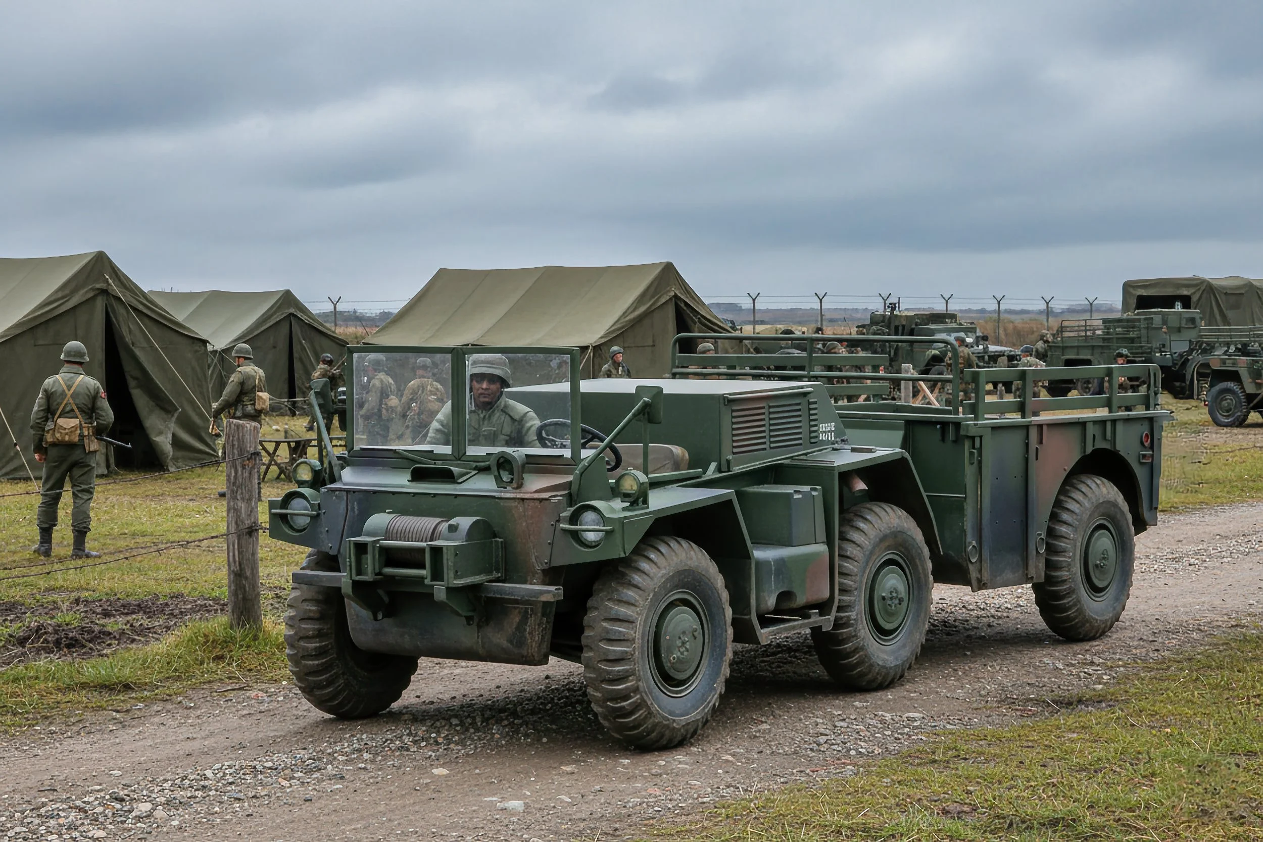 Military scene with green trucks and soldiers in uniform, tents, and barbed wire fences under a cloudy sky.