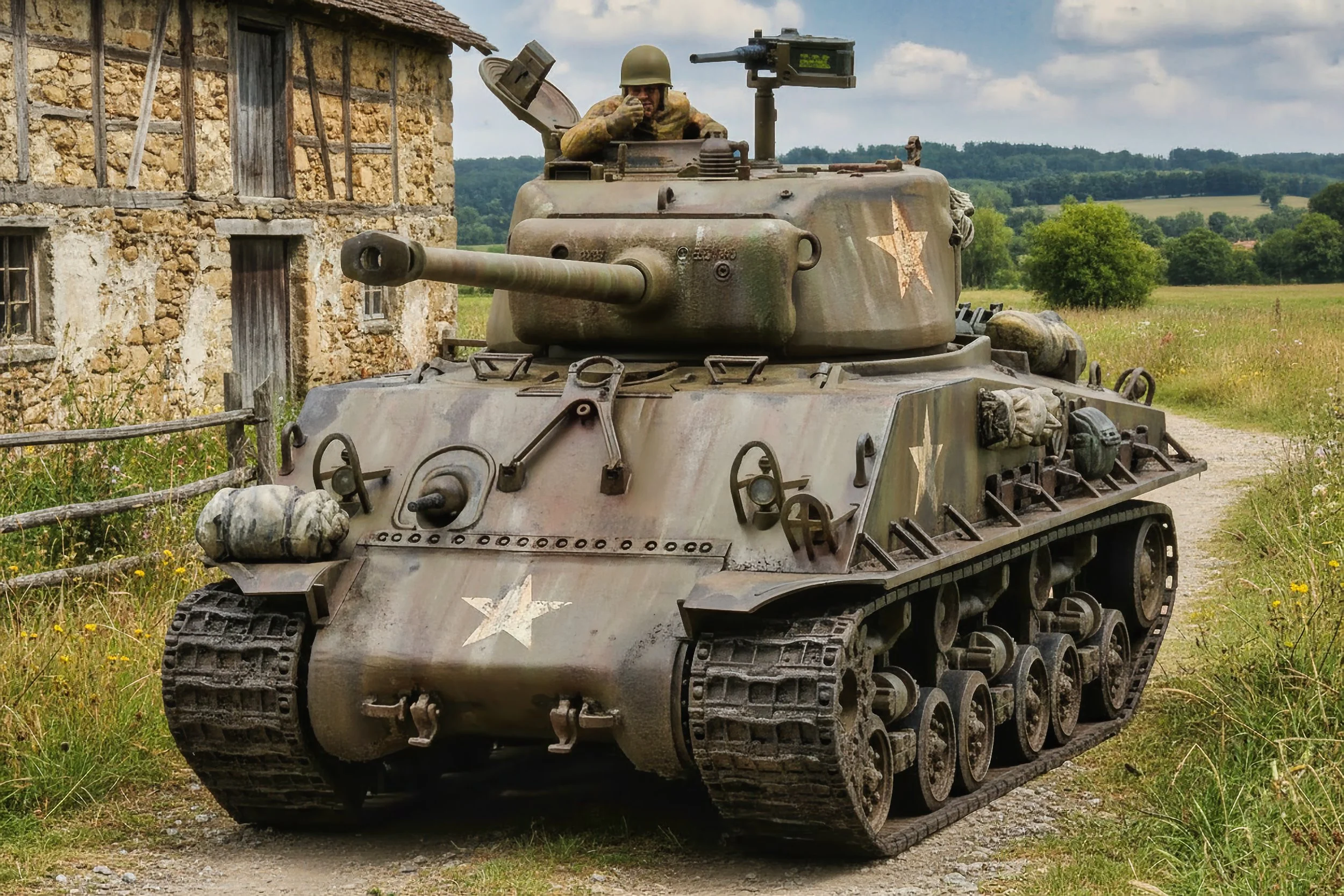 A military tank with a camouflage pattern, star insignias, and gear attached, moving along a dirt path in a rural area with green fields and trees, and a stone building nearby. A soldier is visible inside the tank, looking out.
