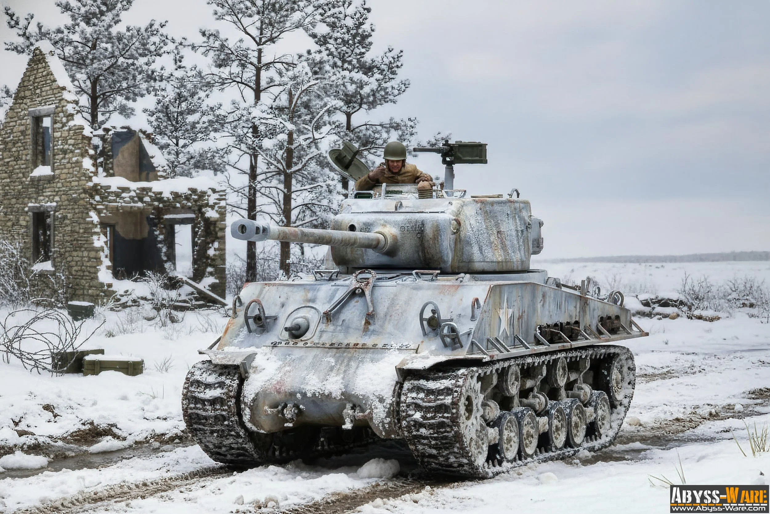 A soldier driving an old, rusty tank through a snowy landscape with broken ruins and leafless trees in the background.