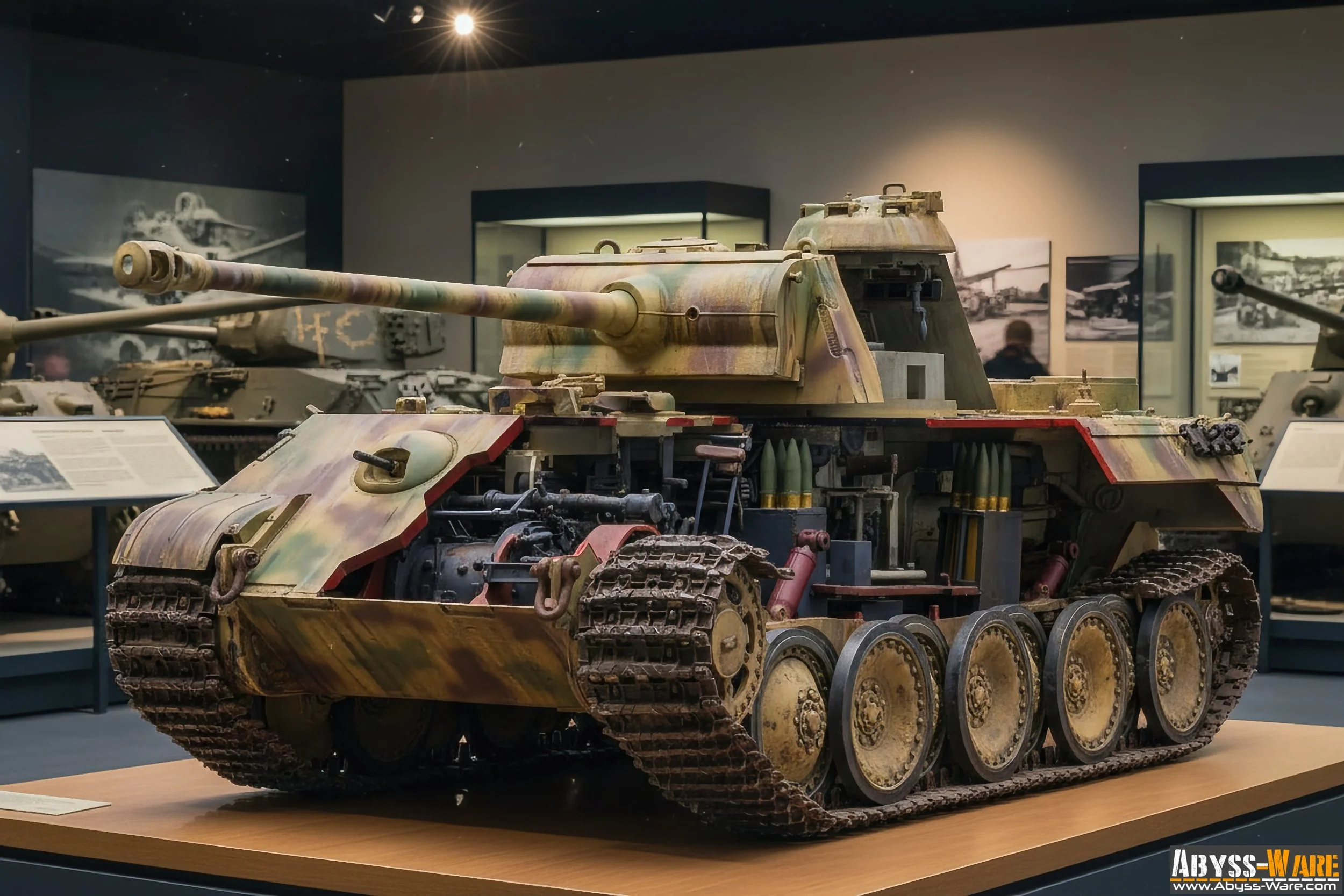 A display of a military tank with camouflage paint, partially disassembled to show internal components, in a museum setting with informational plaques and historical photos in the background.