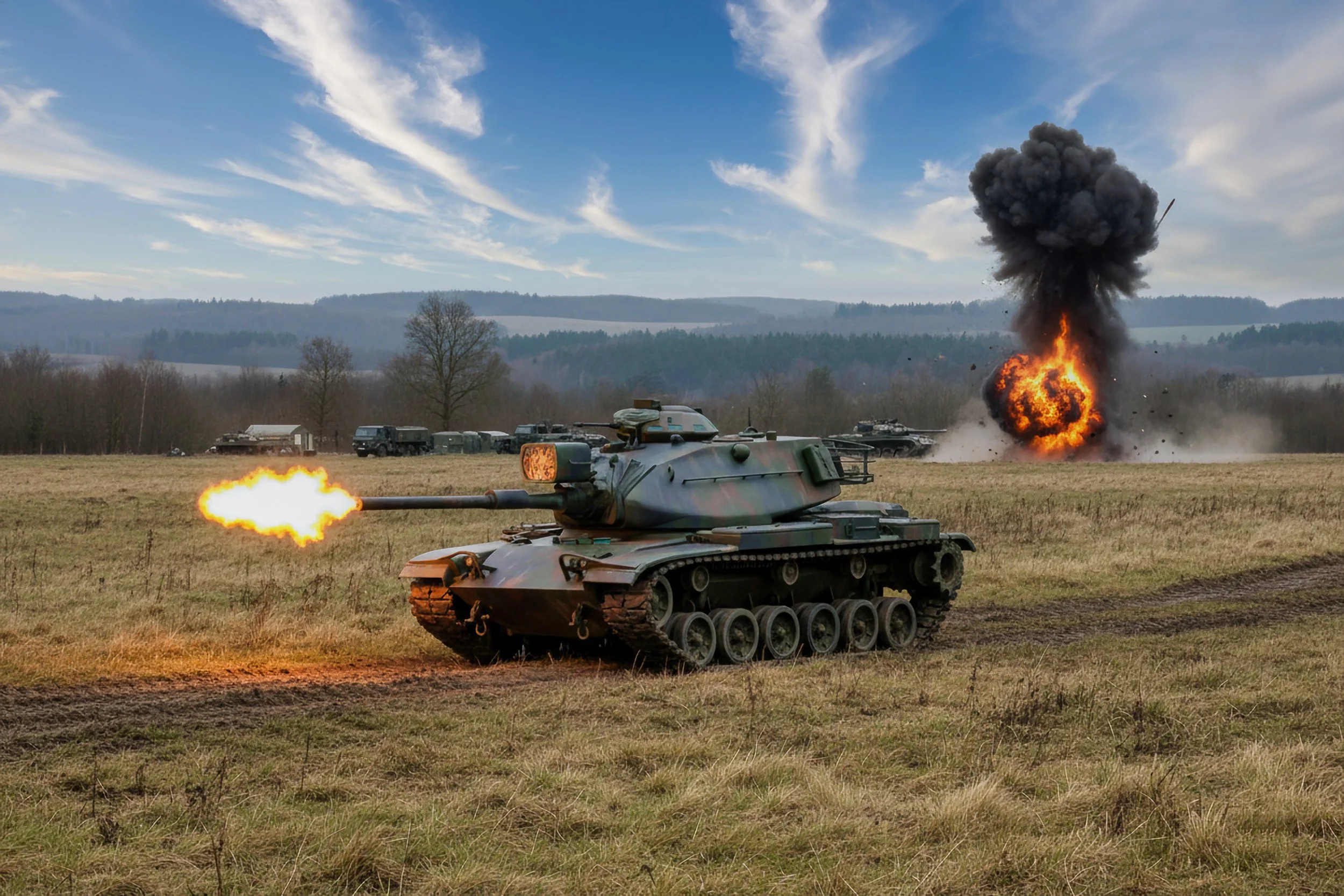 A military tank firing a shell on an open field with an explosion in the background, under a partly cloudy sky.
