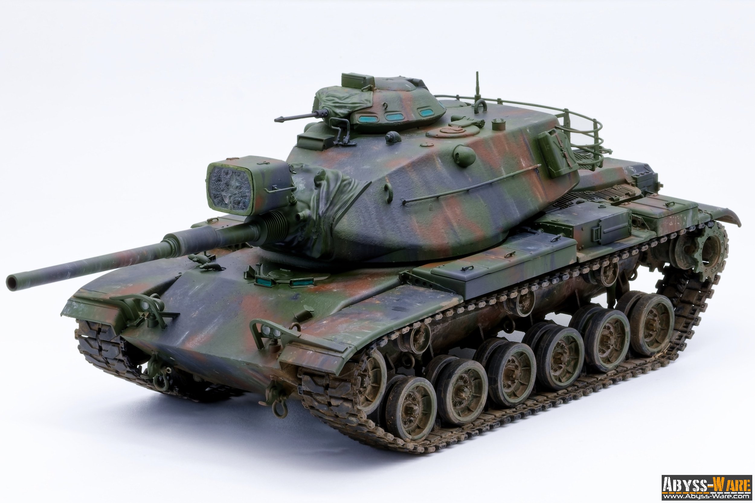 Model of a military tank with camouflage paint, positioned on a white background, with the logo 'Abyss-Ware' at the bottom right corner.