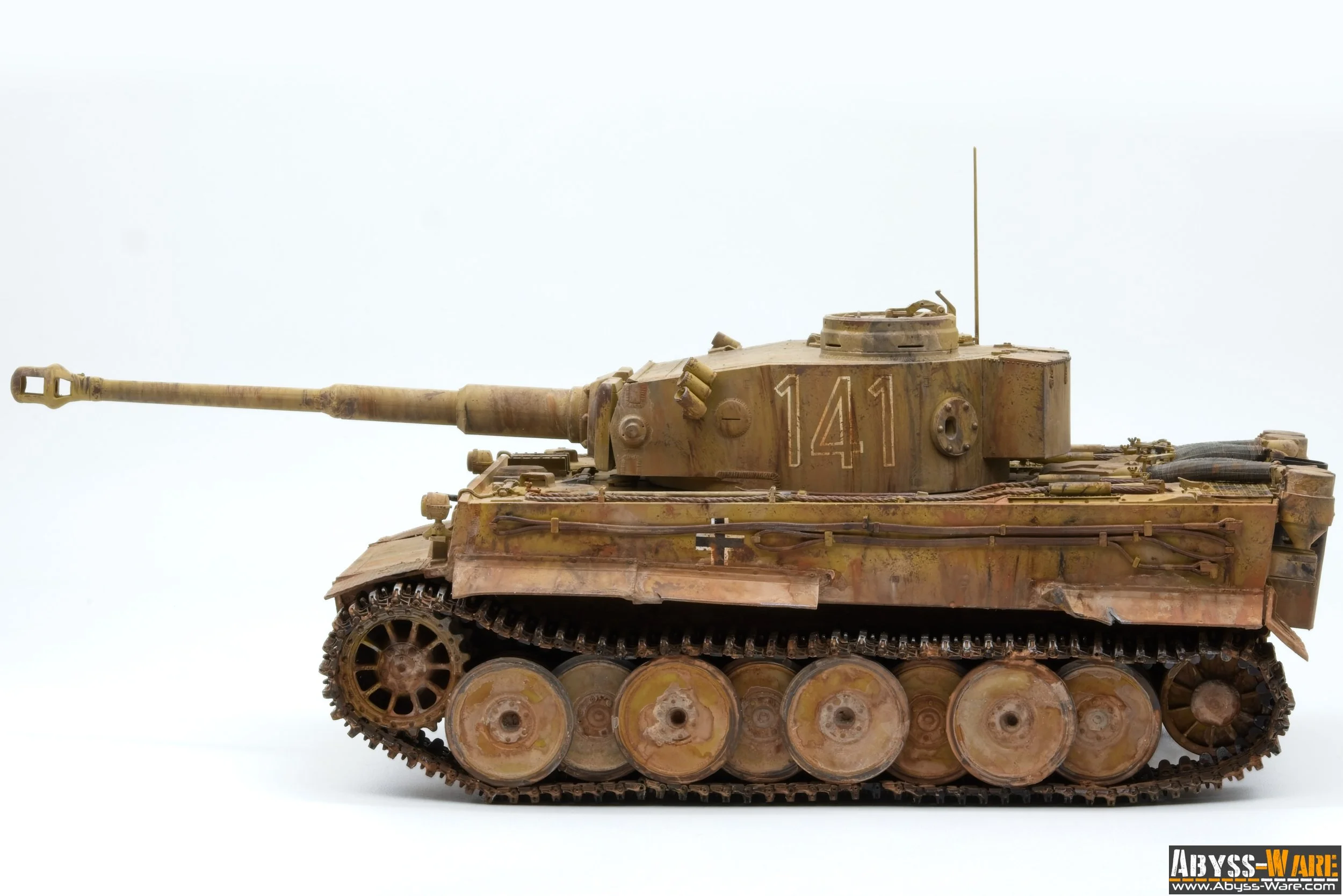 Model of a military tank with rusted weathered surface and the number 141 on the turret, isolated on white background with Abyss-Ware logo in the bottom right corner.