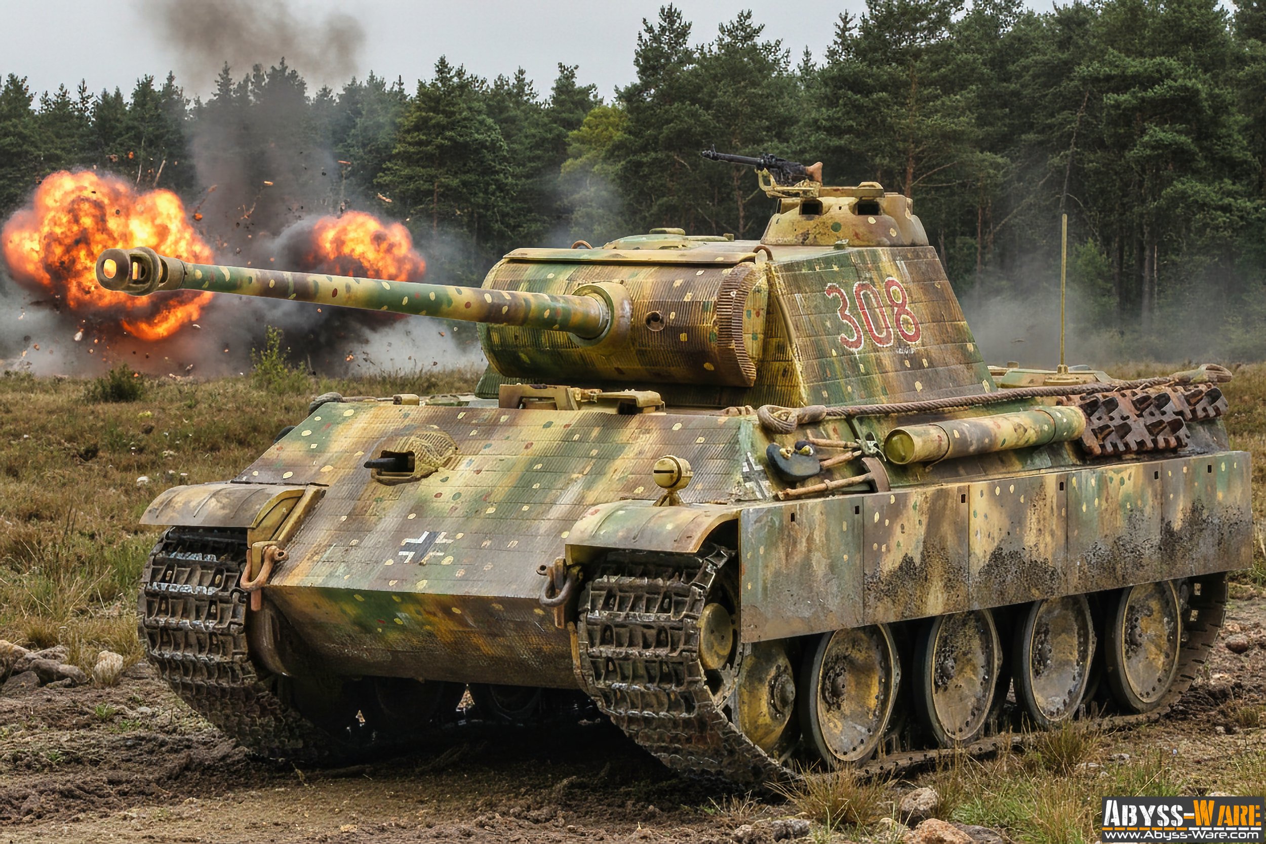 A military tank firing with explosions in the background.