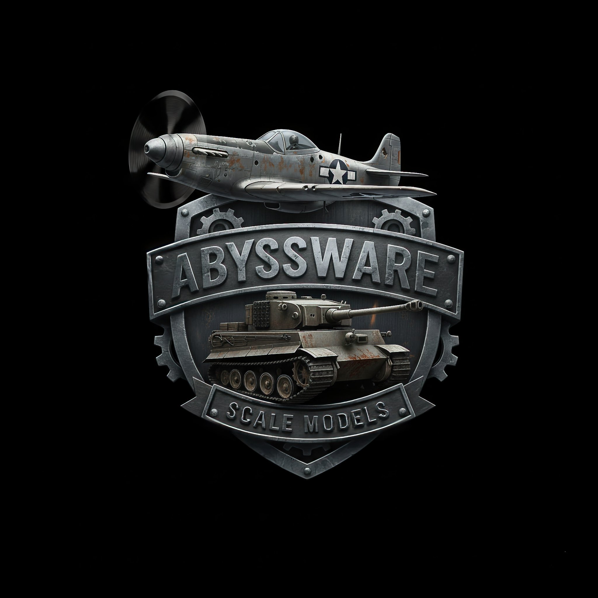 A logo for Abyssware Scale Models featuring a vintage fighter plane and a tank on a dark background.