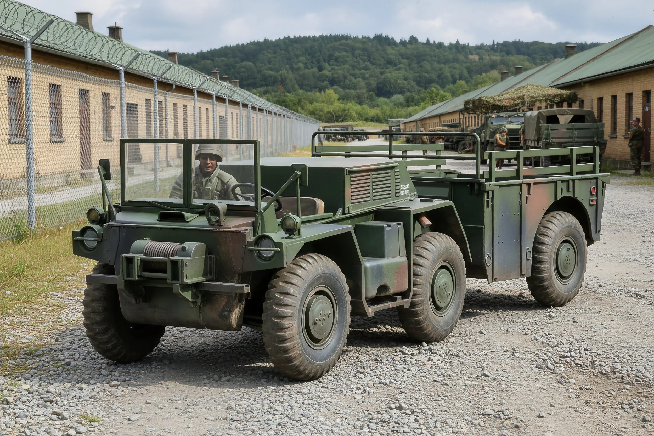 Military vehicle with a driver sitting inside, parked on a gravel area near barbed wire fences and army buildings, with soldiers and green hills in the background.