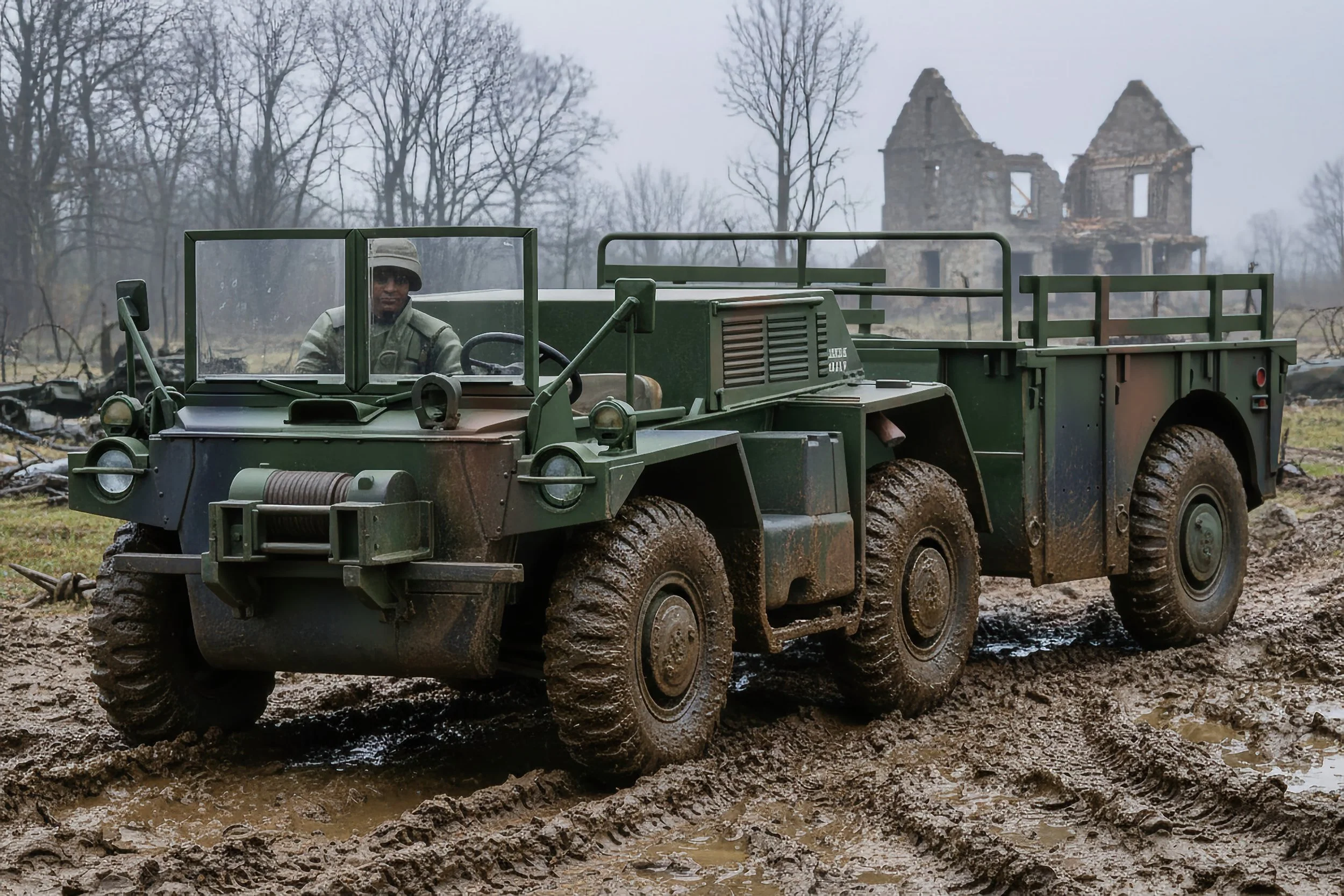 A military vehicle with six rugged tires driving through muddy terrain, with a person inside wearing military gear and a helmet. In the background, there are leafless trees and a partially destroyed building.