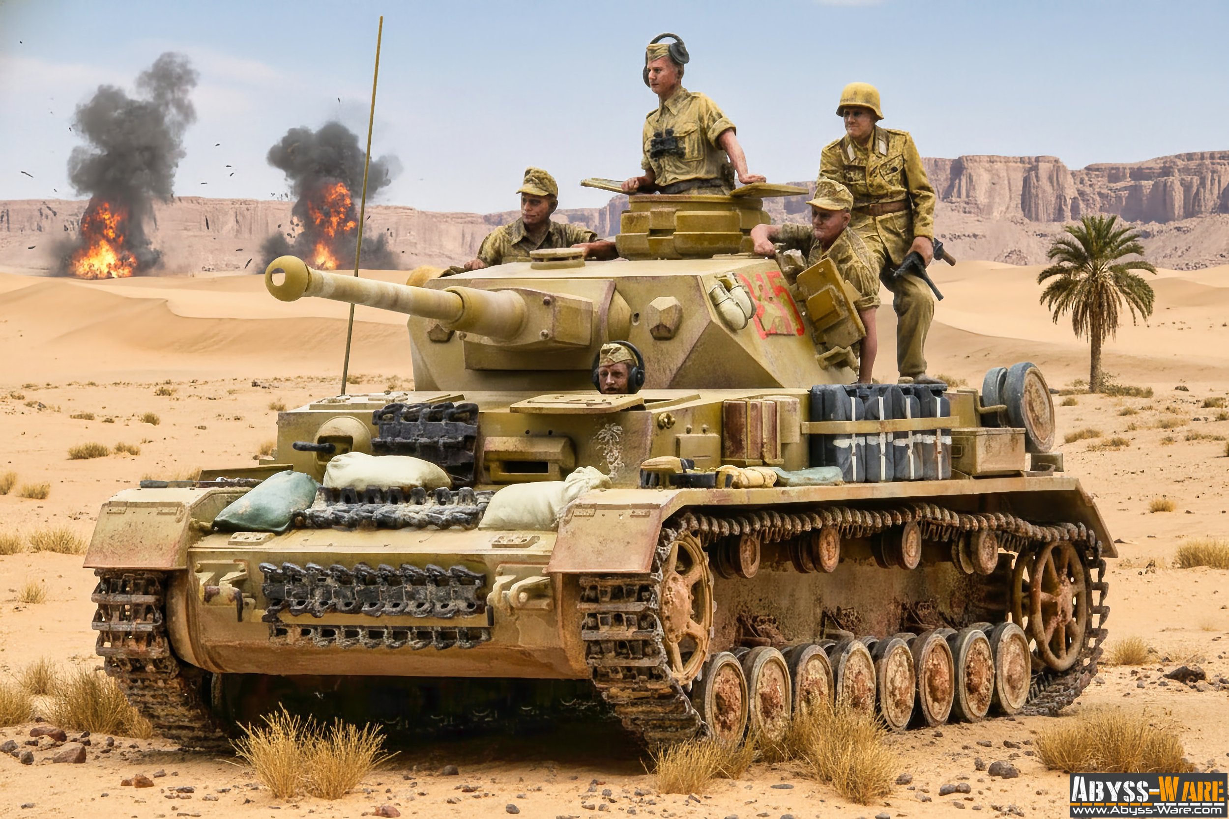 A toy military tank in a desert setting with four children dressed as soldiers on and around it, with explosions and mountains in the background.