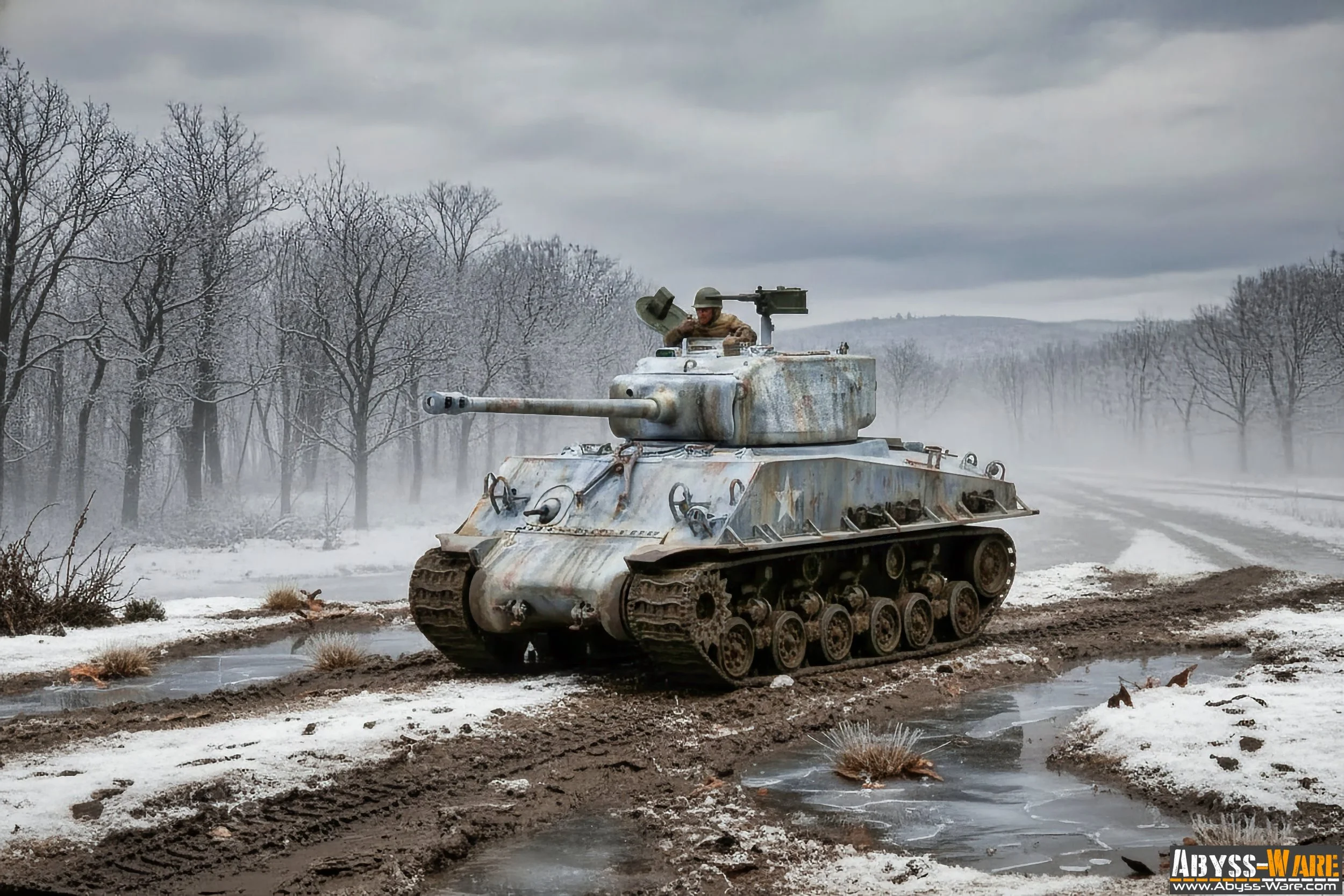 A military tank driving on a muddy, snowy terrain in a winter landscape with bare trees and overcast sky.