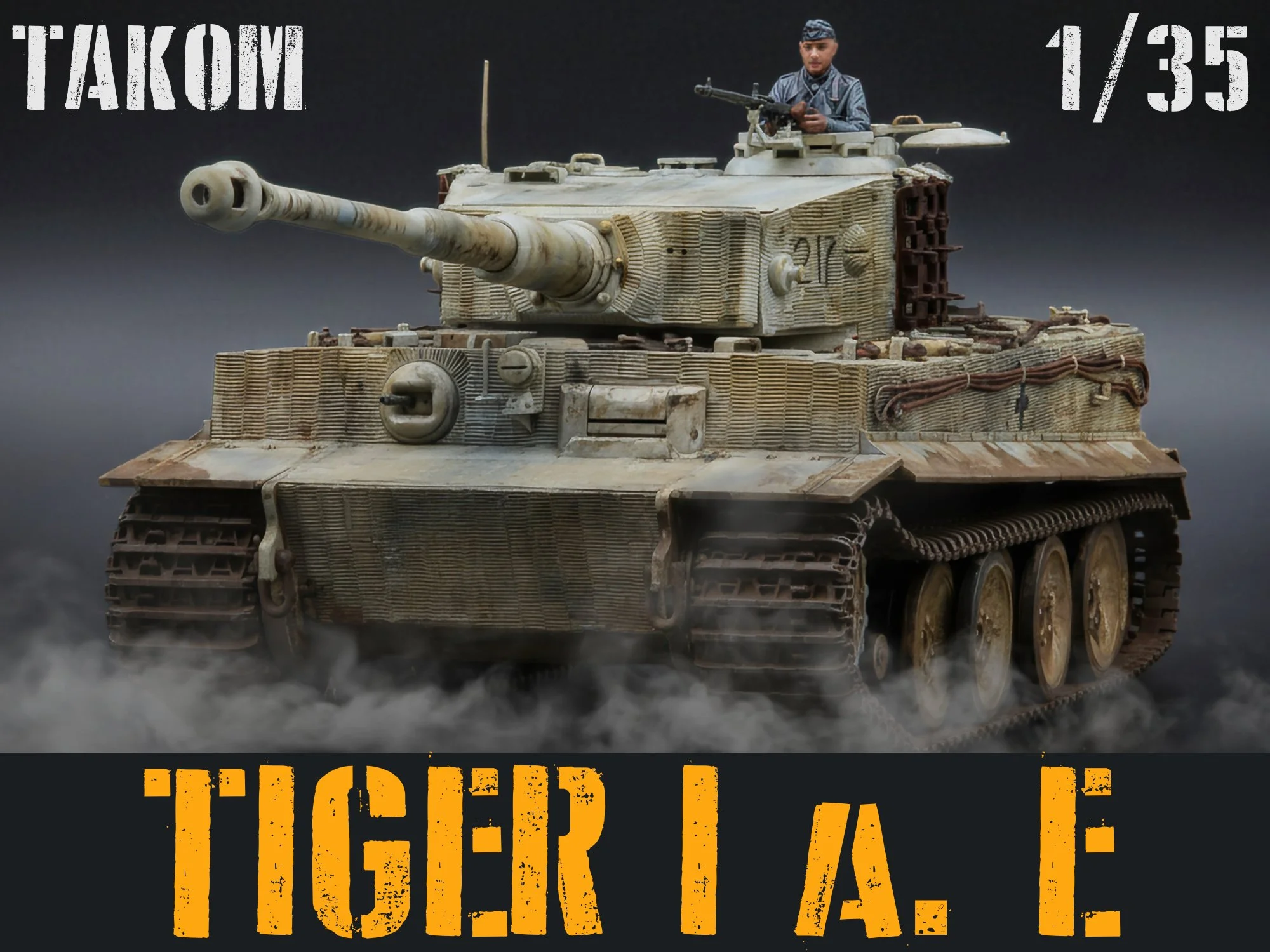 A model of a tank with a soldier figure in its turret, set against a dark background, with overlaid text indicating 'TAKOM' and a time of 1/35.