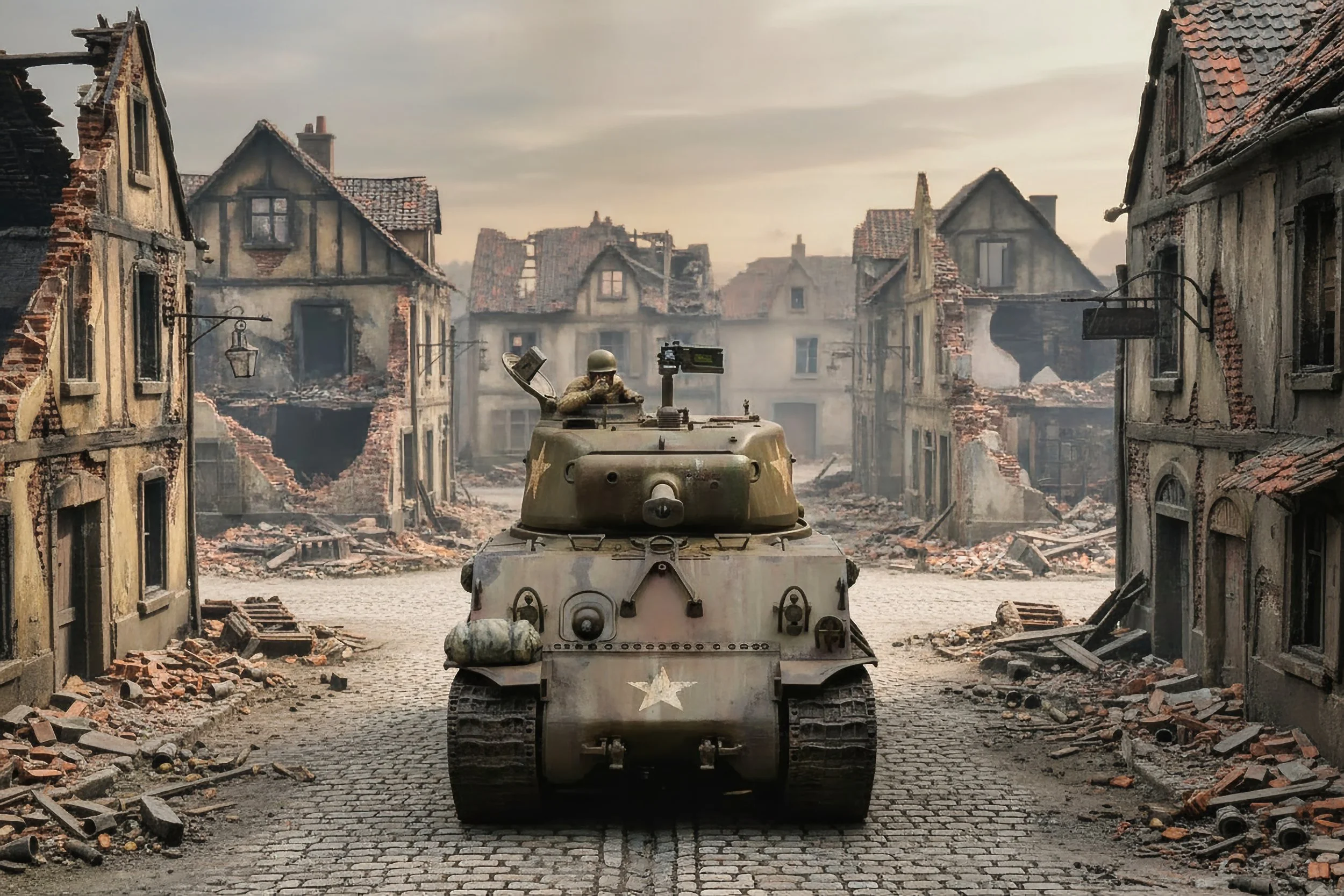 A military tank moving through a destroyed urban street with damaged buildings and rubble on the ground.