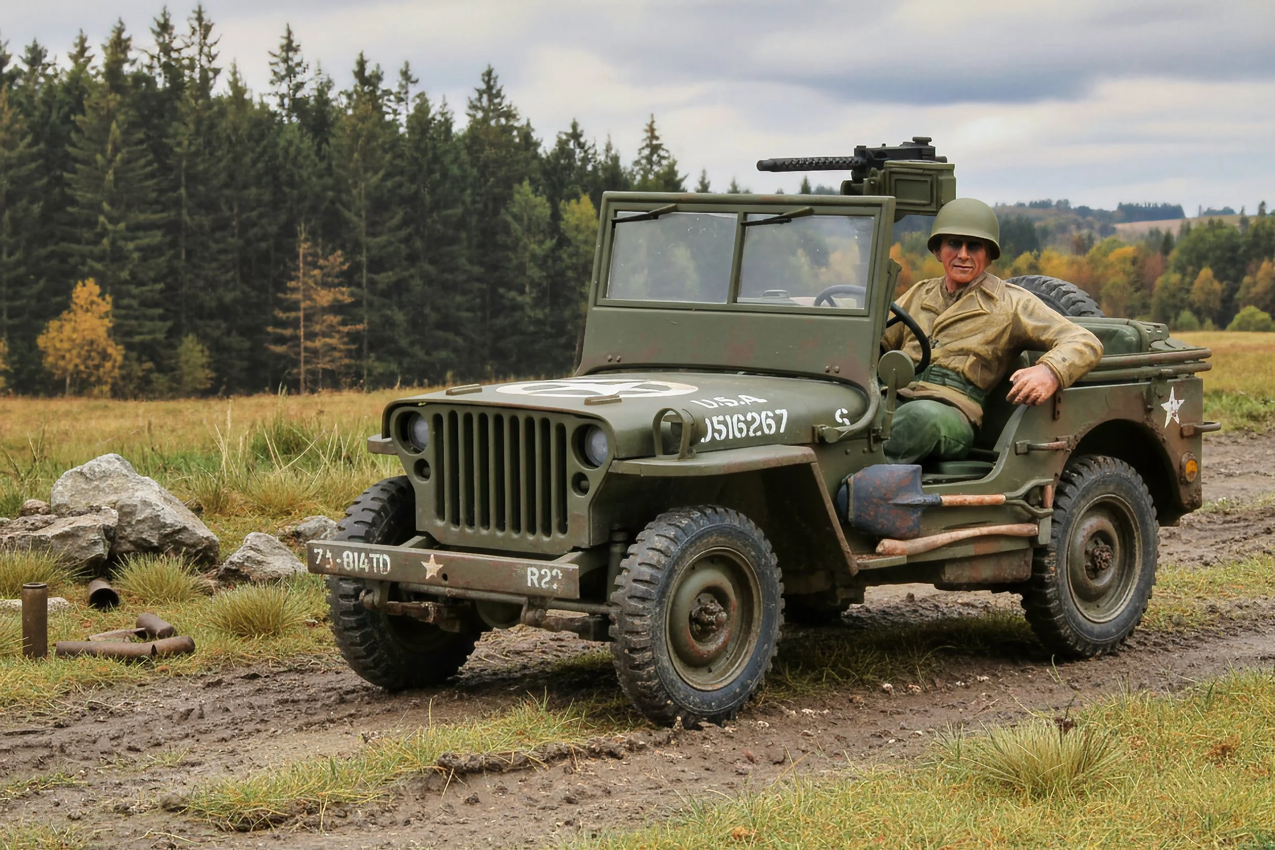 A man in military uniform sitting in a vintage military jeep with a mounted machine gun, parked on a dirt field with rocks and grass, trees and cloudy sky in the background.