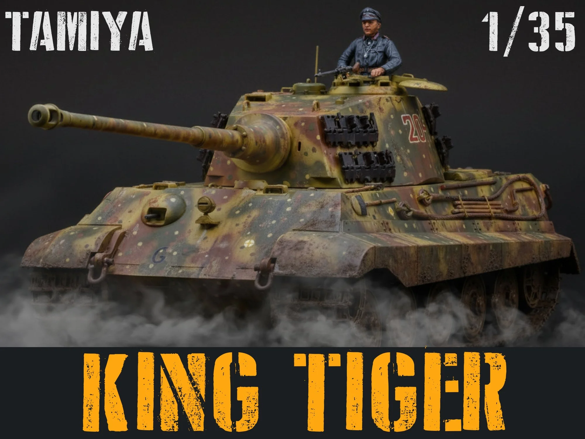 A detailed model of a tank with camouflage paint, a figure of a soldier on top, and text indicating a scale of 1/35 and promotion for a King Tiger model kit.