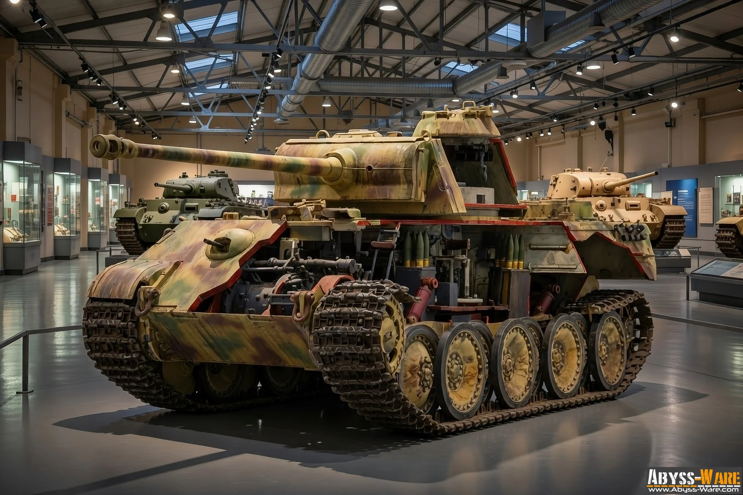 A military tank with a camouflage pattern on display in a museum. The tank has a large cannon and tracks, and is surrounded by other tanks in the background.