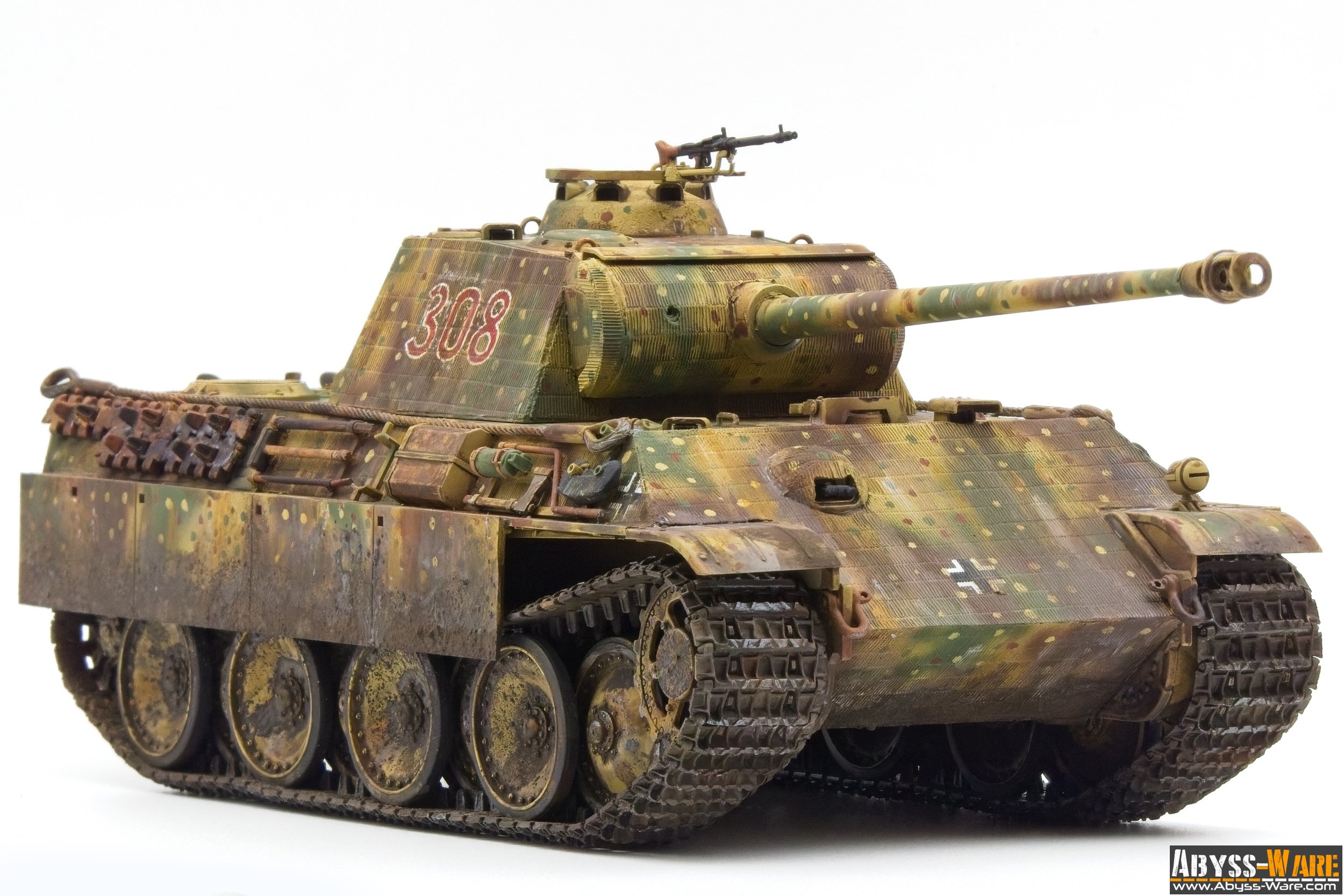 Model of a military tank with camouflage pattern, the number 308 on the turret, and the Abyss-Ware logo at the bottom right corner.
