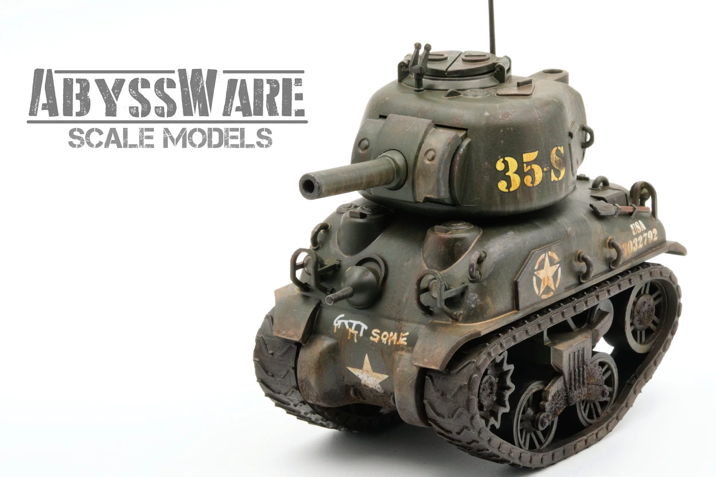 Scale model of a SHERMAN toon tank with a weathered green finish, marked with the text 35.S, stars, and other military symbols.