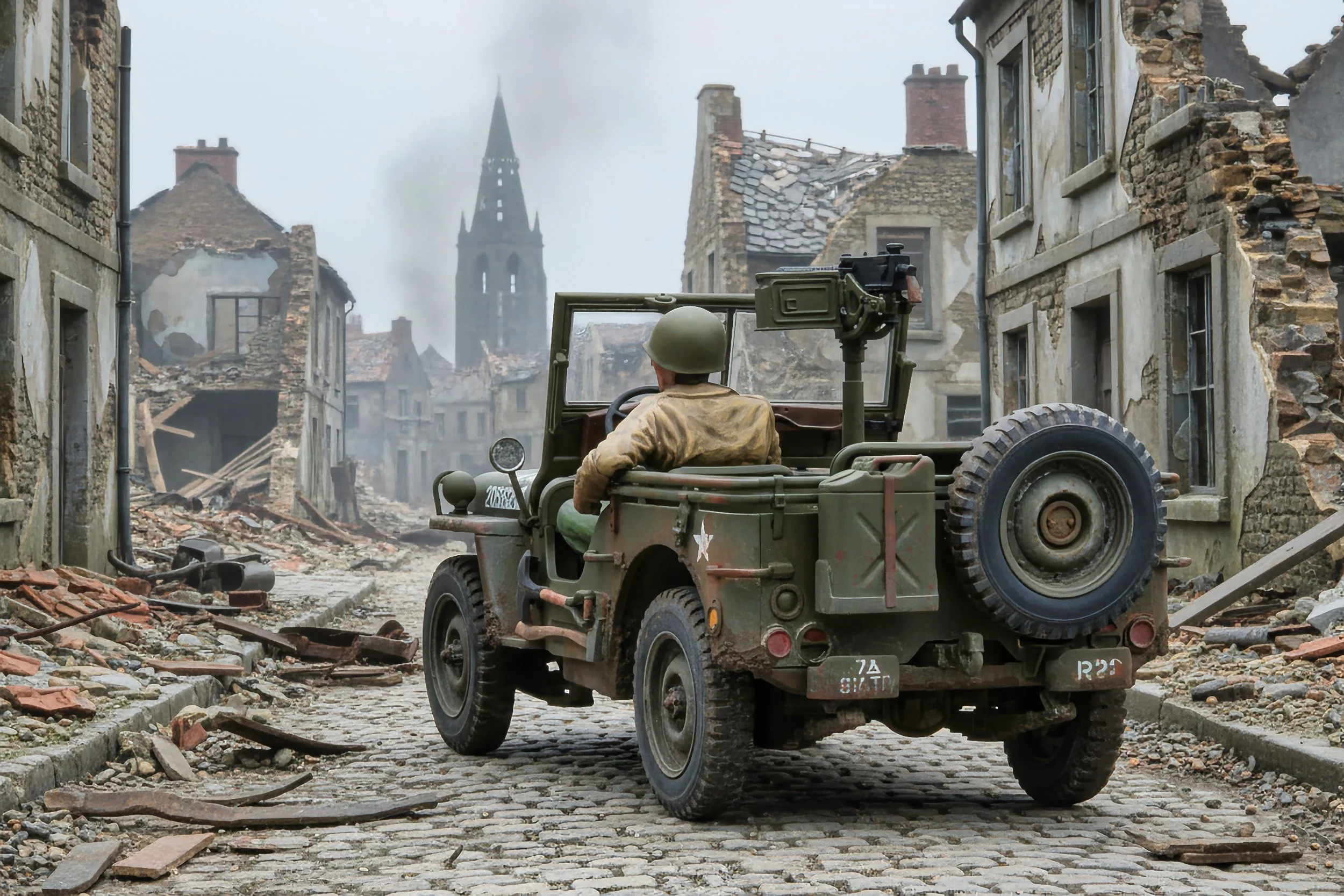 A military vehicle, driven by a soldier, navigating through a ruined city street with damaged buildings and debris, during wartime.