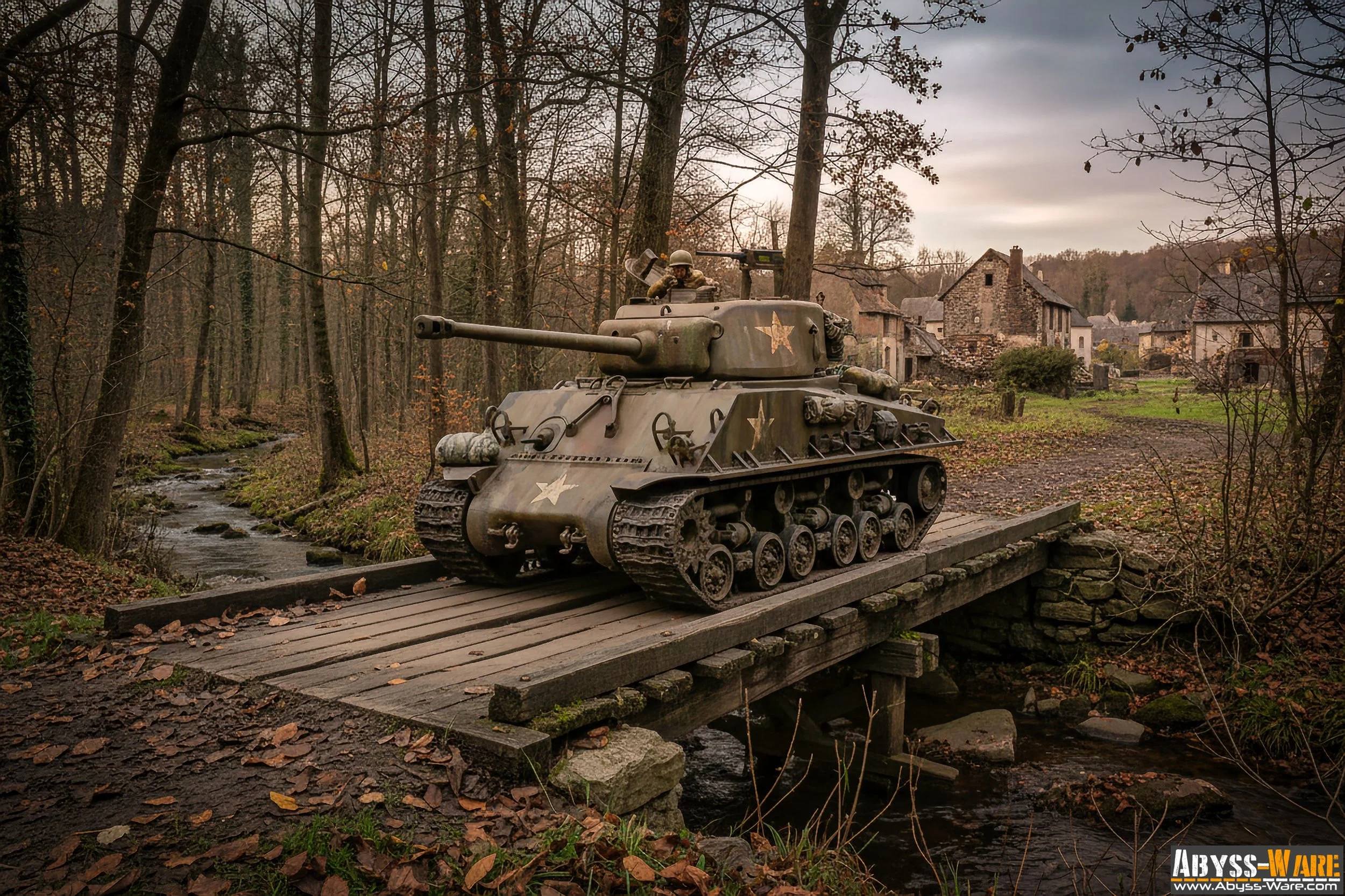 A military tank with a star insignia on a small wooden bridge over a stream in a forested area with autumn leaves, and a village with stone houses in the background.