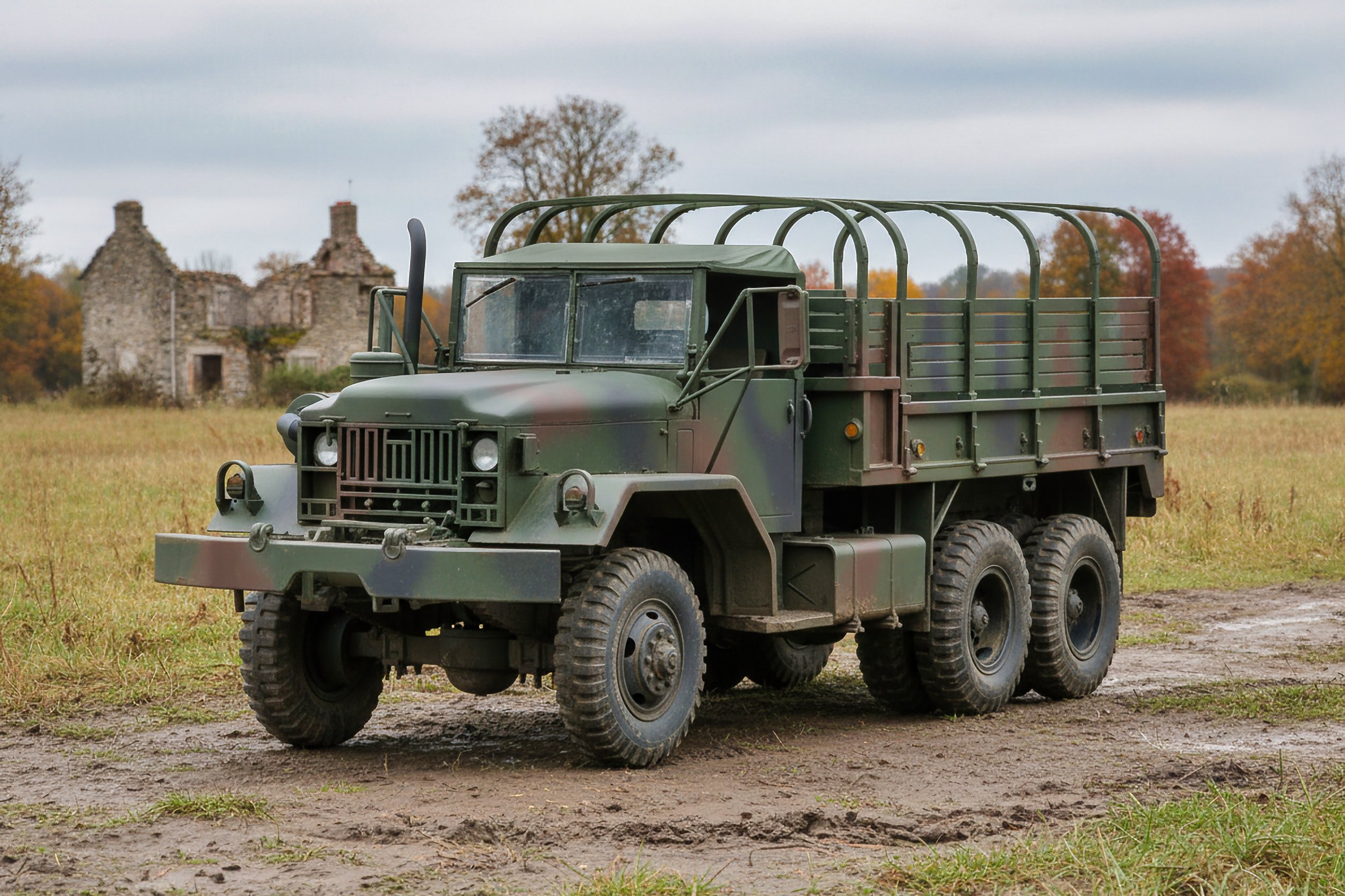 Military camouflage-painted truck with six wheels parked on a dirt path in a grassy field with trees and an old stone building in the background.