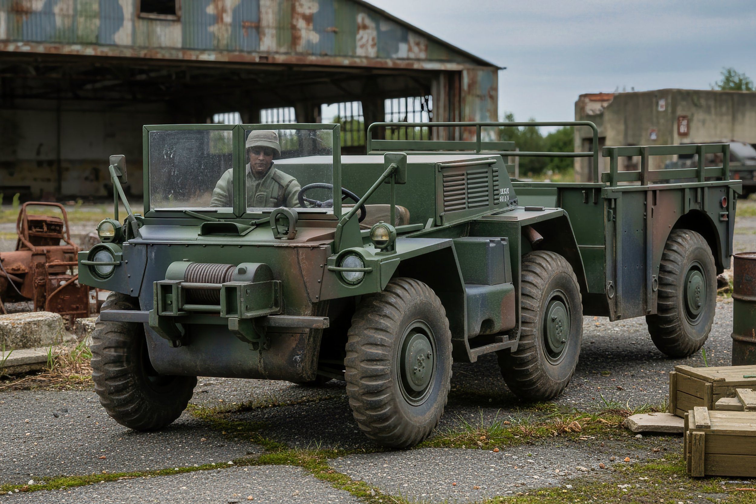 A vintage military-style green off-road vehicle with large tires and a transparent windshield, parked outdoors on a gravel surface, with a person dressed in military clothing sitting in the driver's seat. There is an old warehouse building and some r