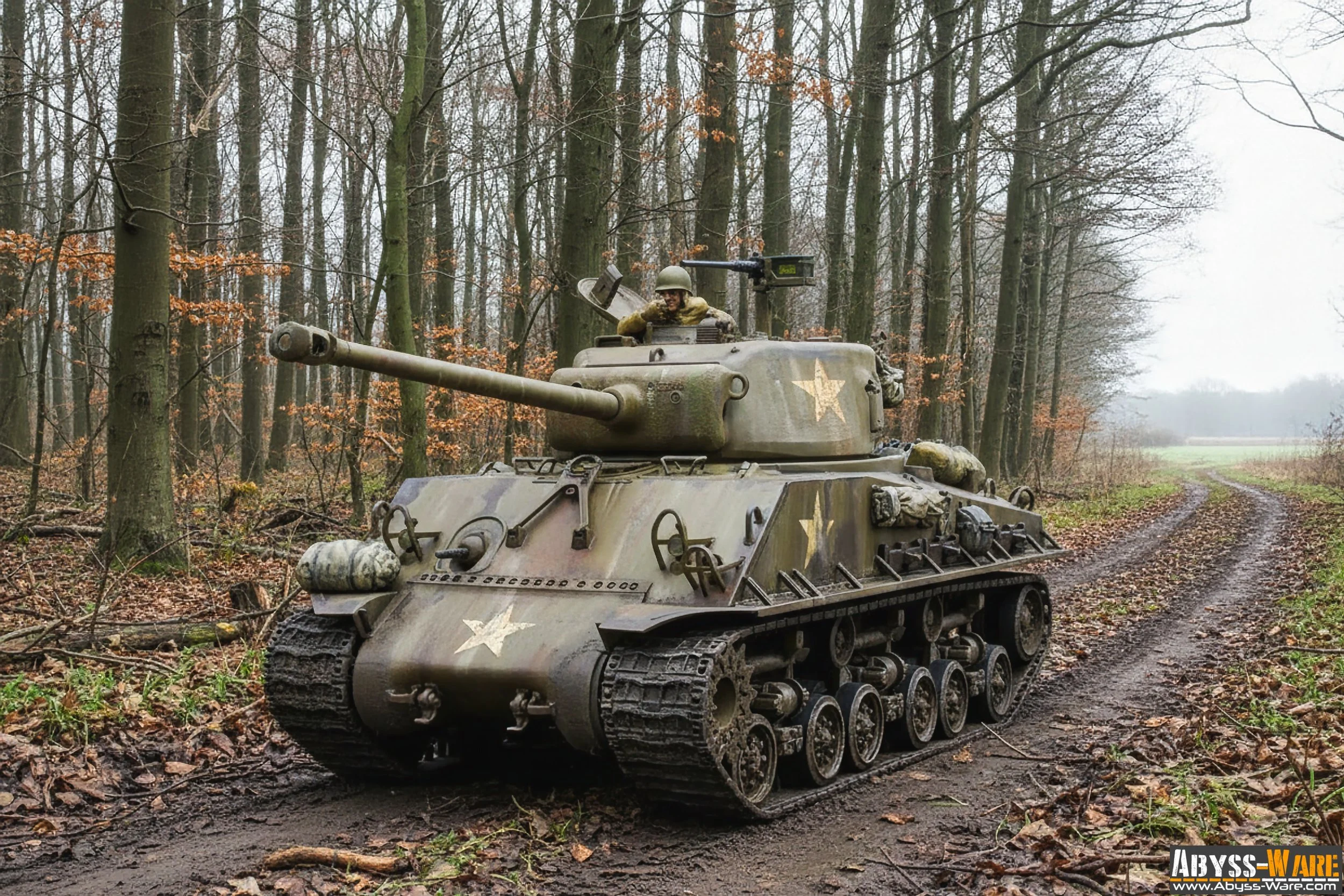 A military tank with a soldier figure on top, moving through a muddy forest trail.