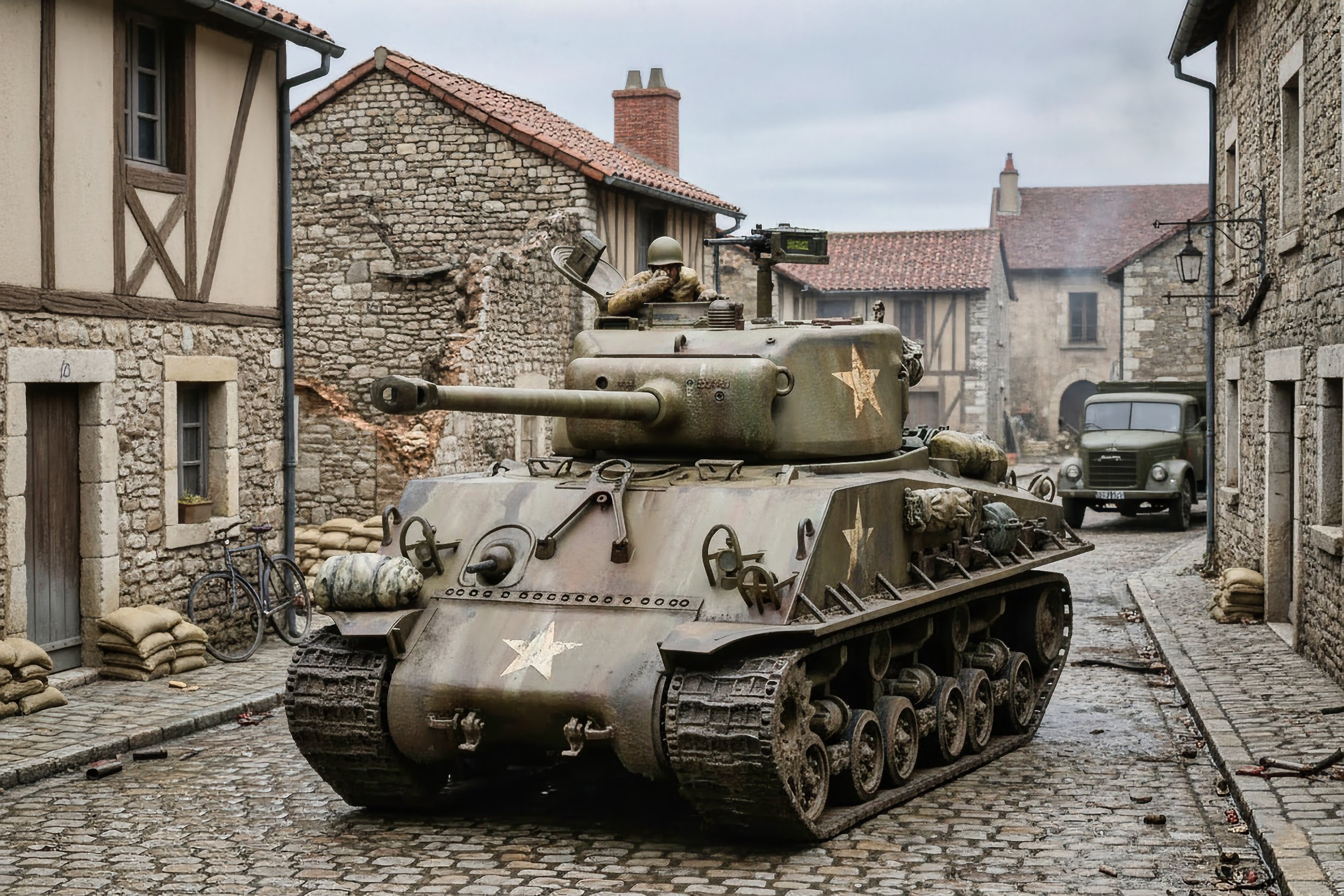 A military tank with a soldier inside, moving through a cobblestone street in a village with stone and brick buildings, sandbags, and a truck in the background.