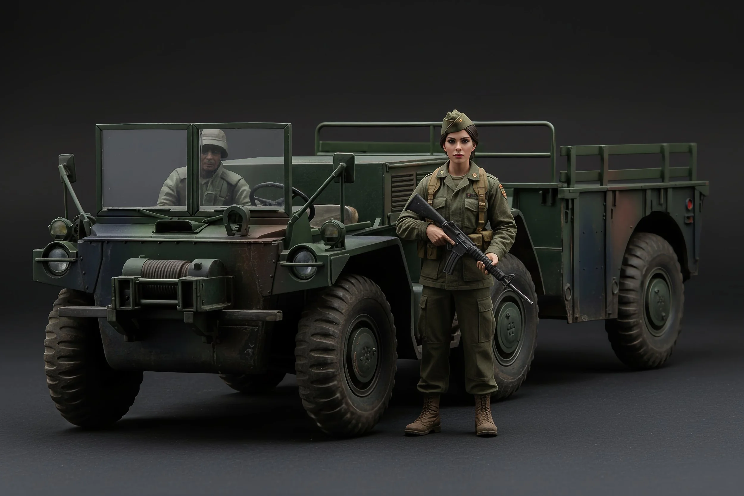 A highly detailed scale model of a military scene with a woman soldier holding a rifle in front of a military truck and a male soldier in the truck. The scene is set against a black background.