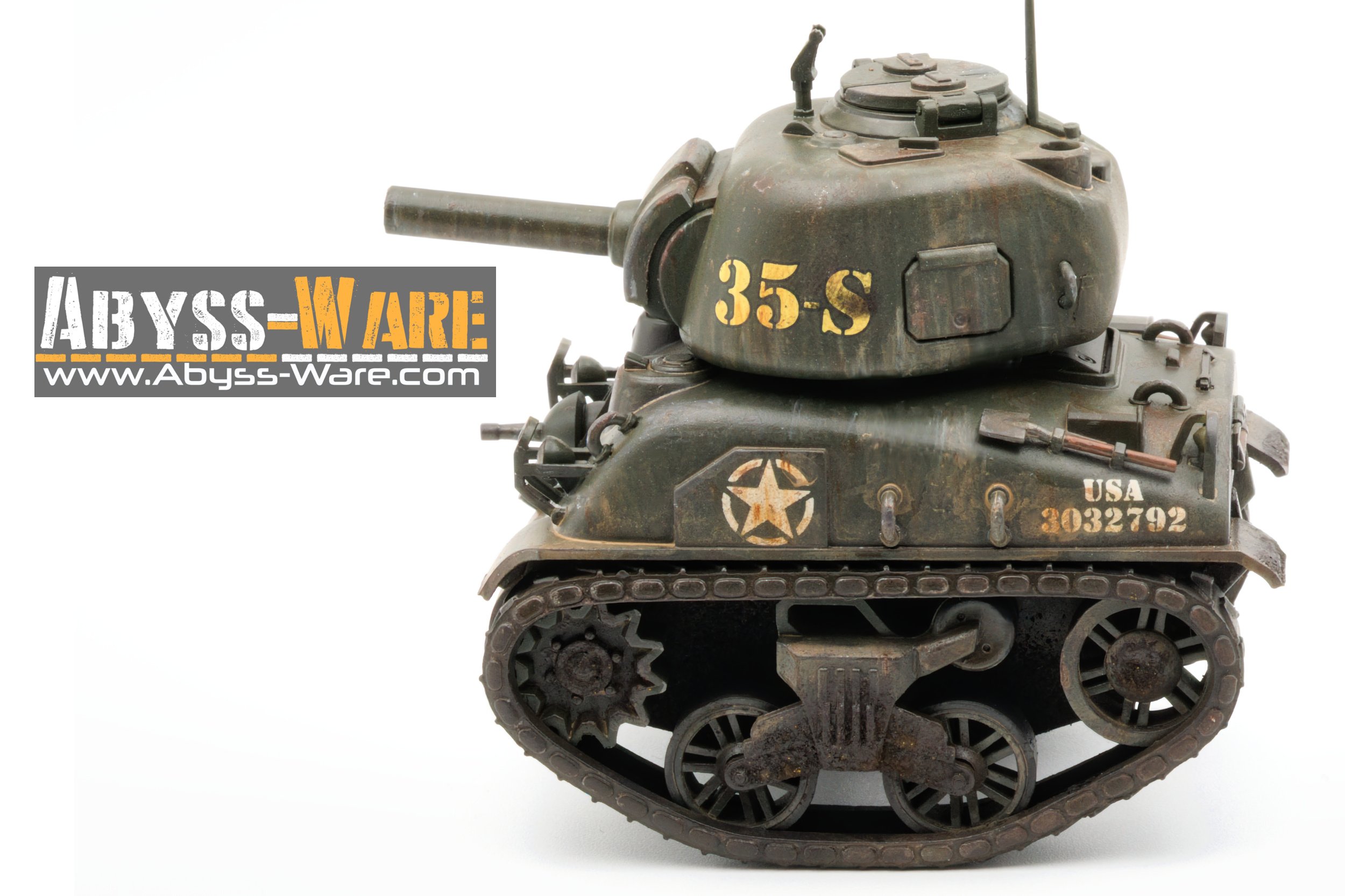 A detailed model of a military tank with weathered camouflage paint, markings, and insignia, positioned beside a logo for Abyss-Ware and their website www.Abyss-Ware.com.