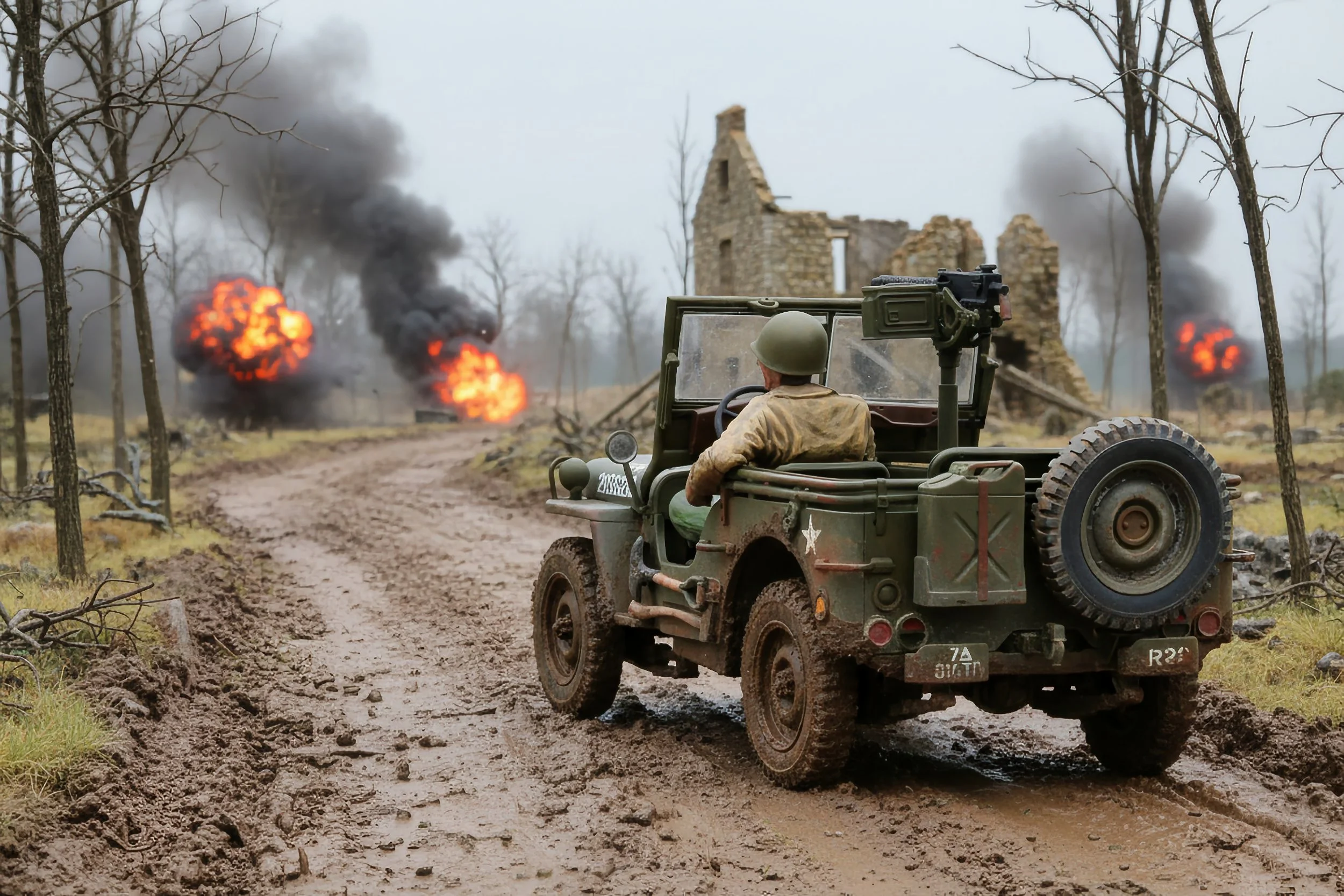 A soldier driving a military jeep on a muddy road with explosions and smoke in the background, and destroyed buildings in a war scene.