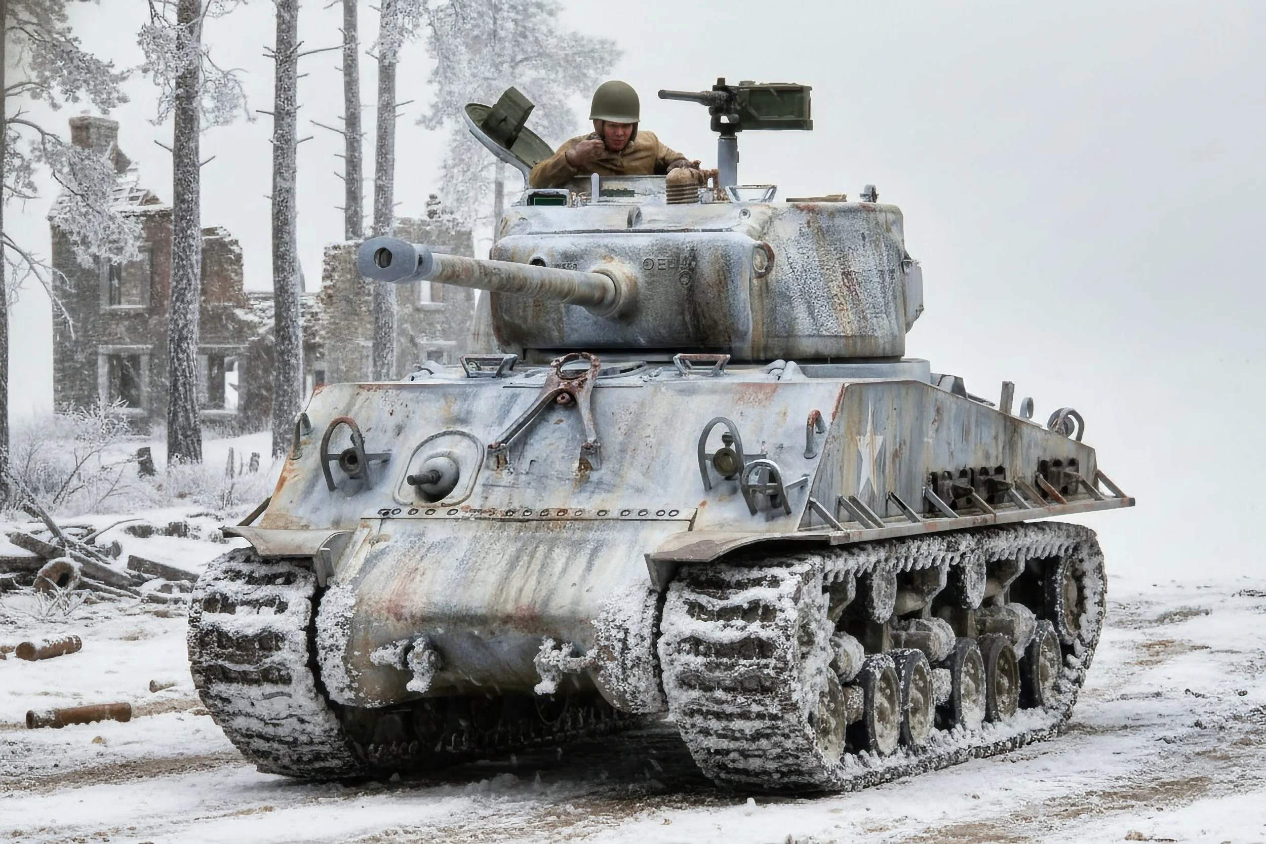A soldier inside a weathered, winter-covered military tank in a snowy landscape with trees and abandoned buildings in the background.