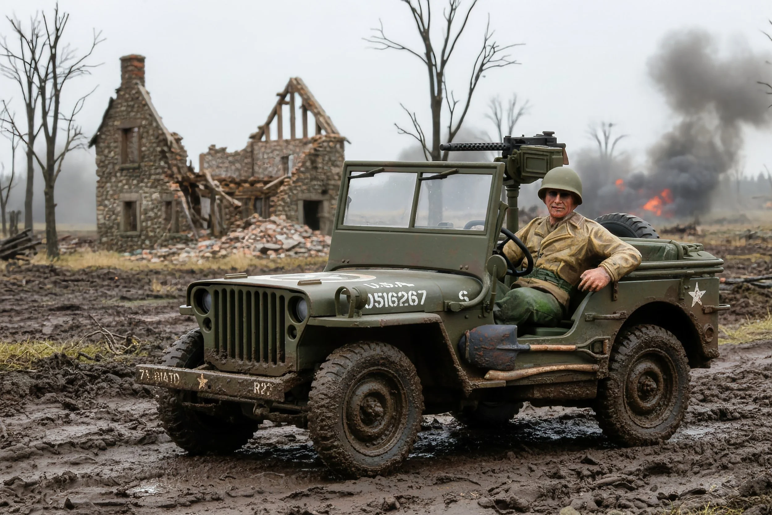 A soldier in a World War II military vehicle moving through a muddy battlefield with a damaged building and smoke in the background.