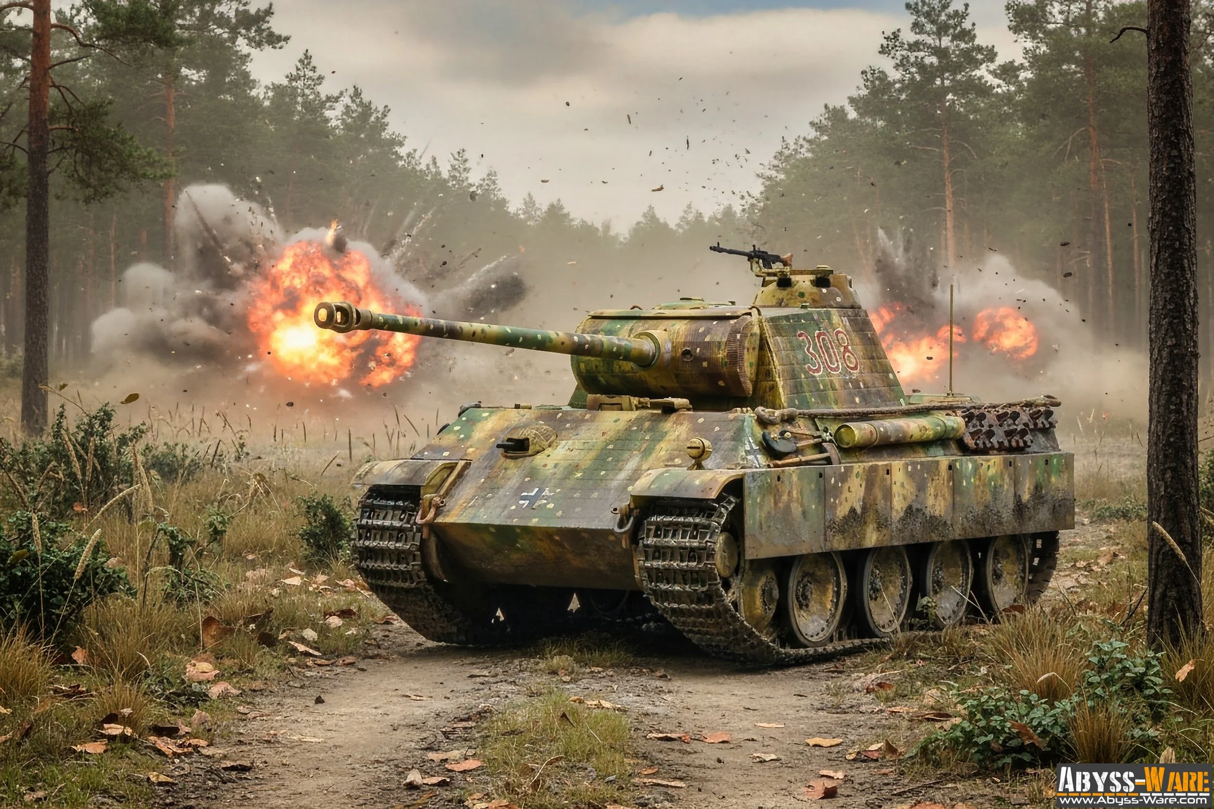 A military tank firing its main gun during combat in a forest clearing, with explosions in the background and debris flying.