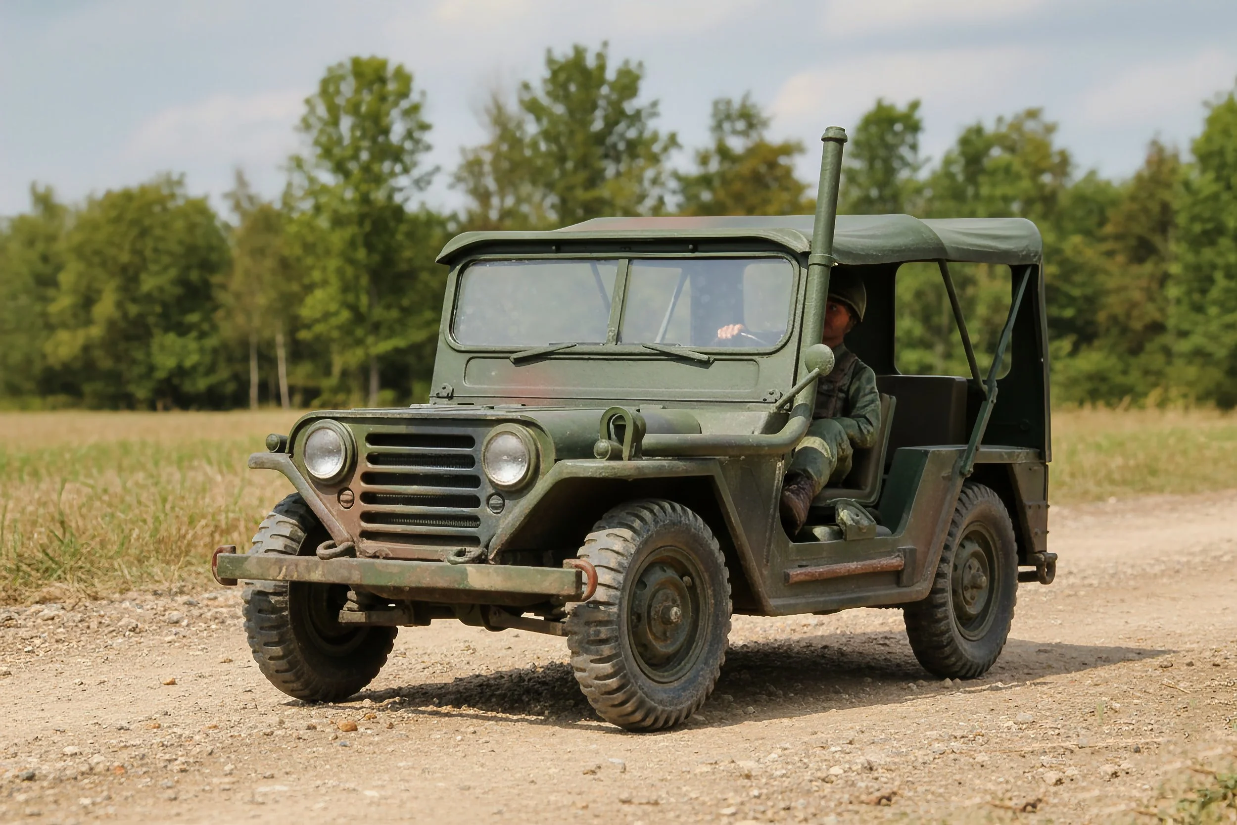 A toy military jeep on a dirt path with trees in the background and a person in military uniform sitting in the driver’s seat.