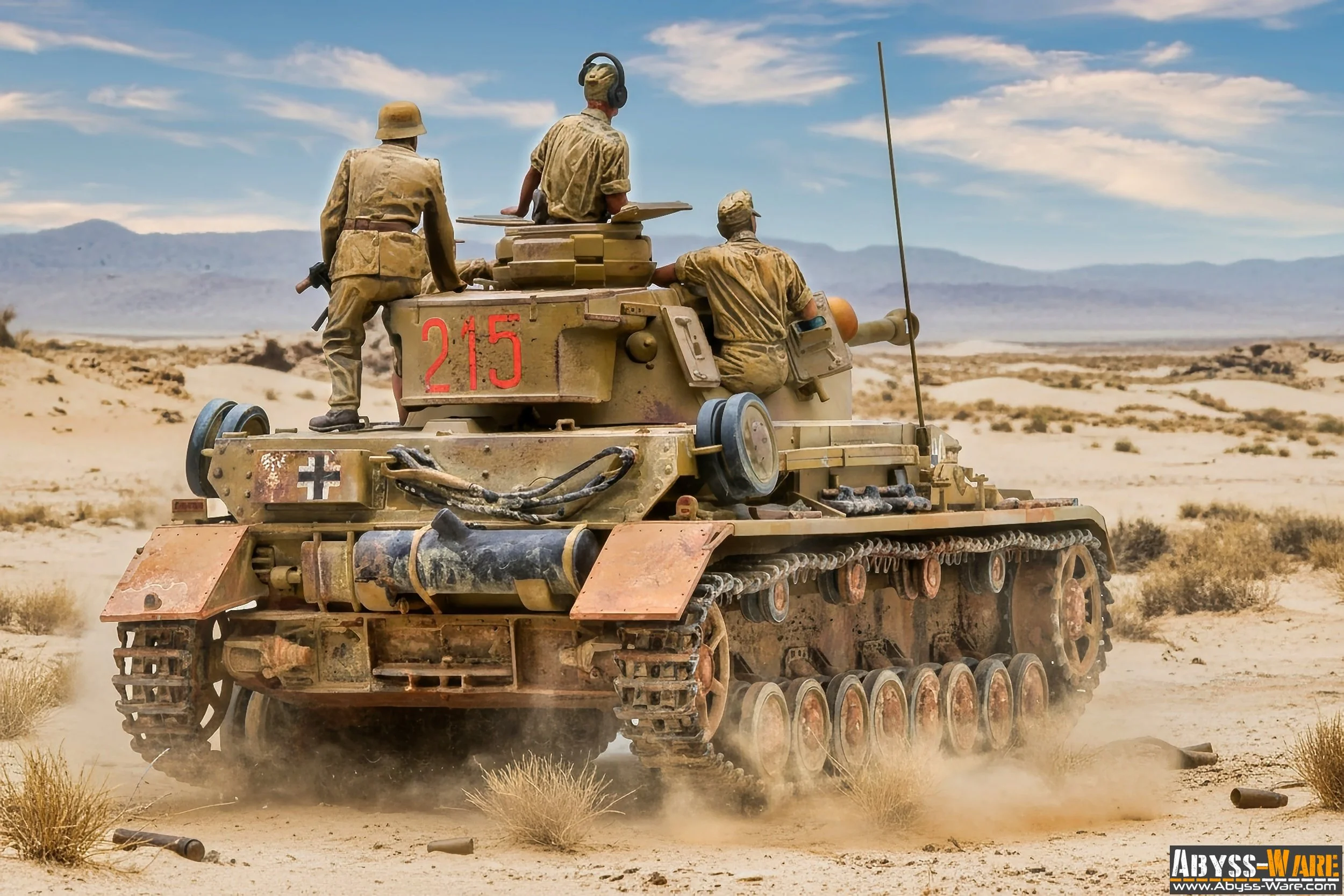 A military tank with three soldiers riding on it, moving through a desert landscape with distant mountains under a partly cloudy sky.