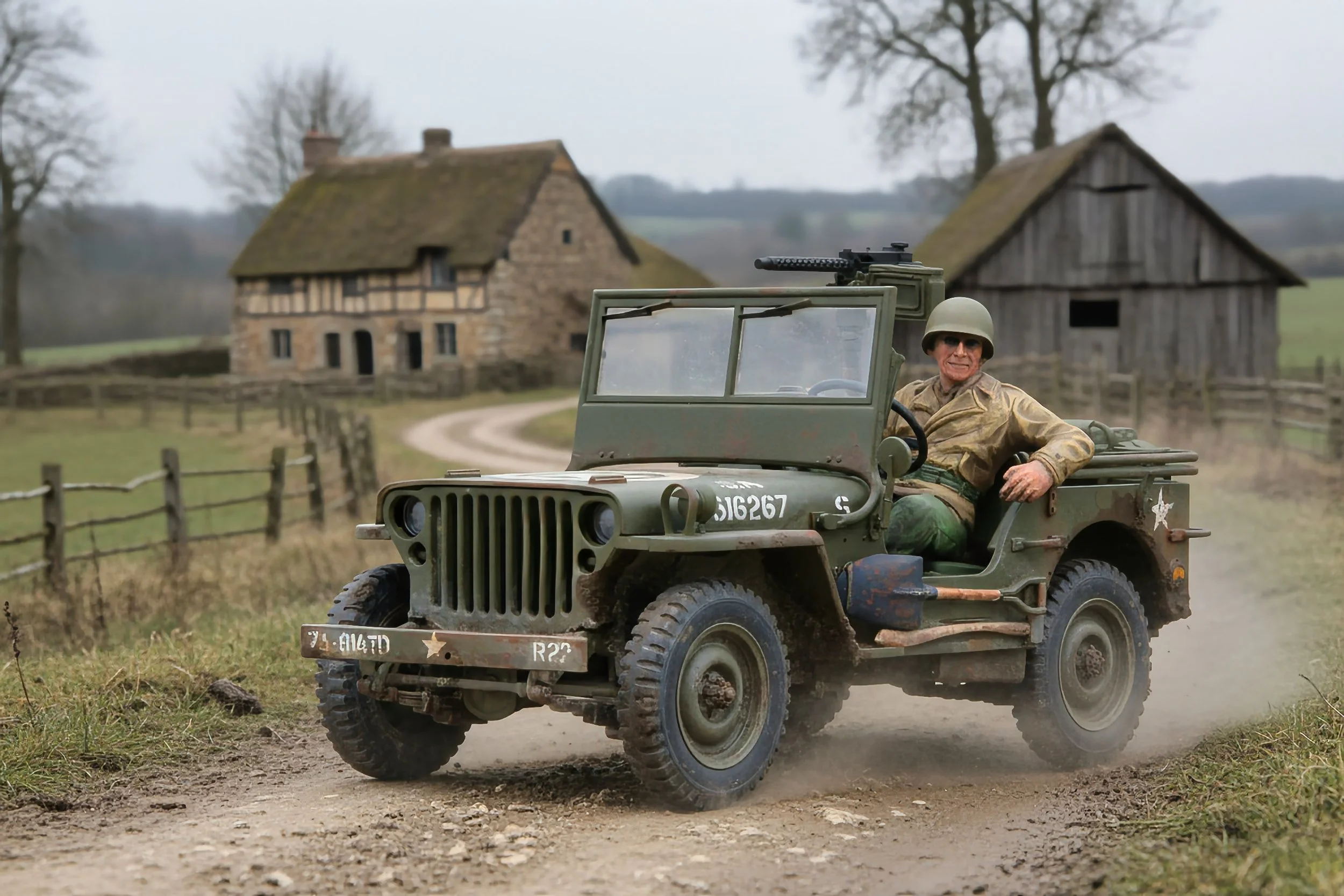 A man in military uniform driving a vintage military Jeep on a dirt road in a rural setting, with old farm buildings and trees in the background.