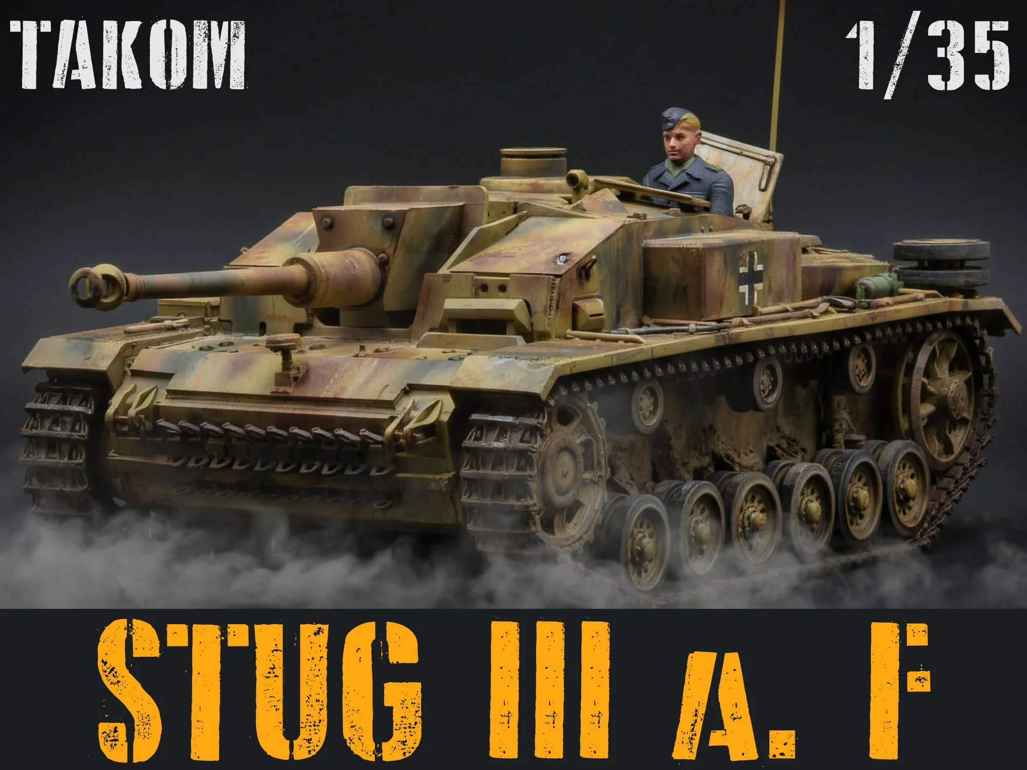 Model of a WWII German tank with a soldier figure inside, set against a dark background with fog effects.