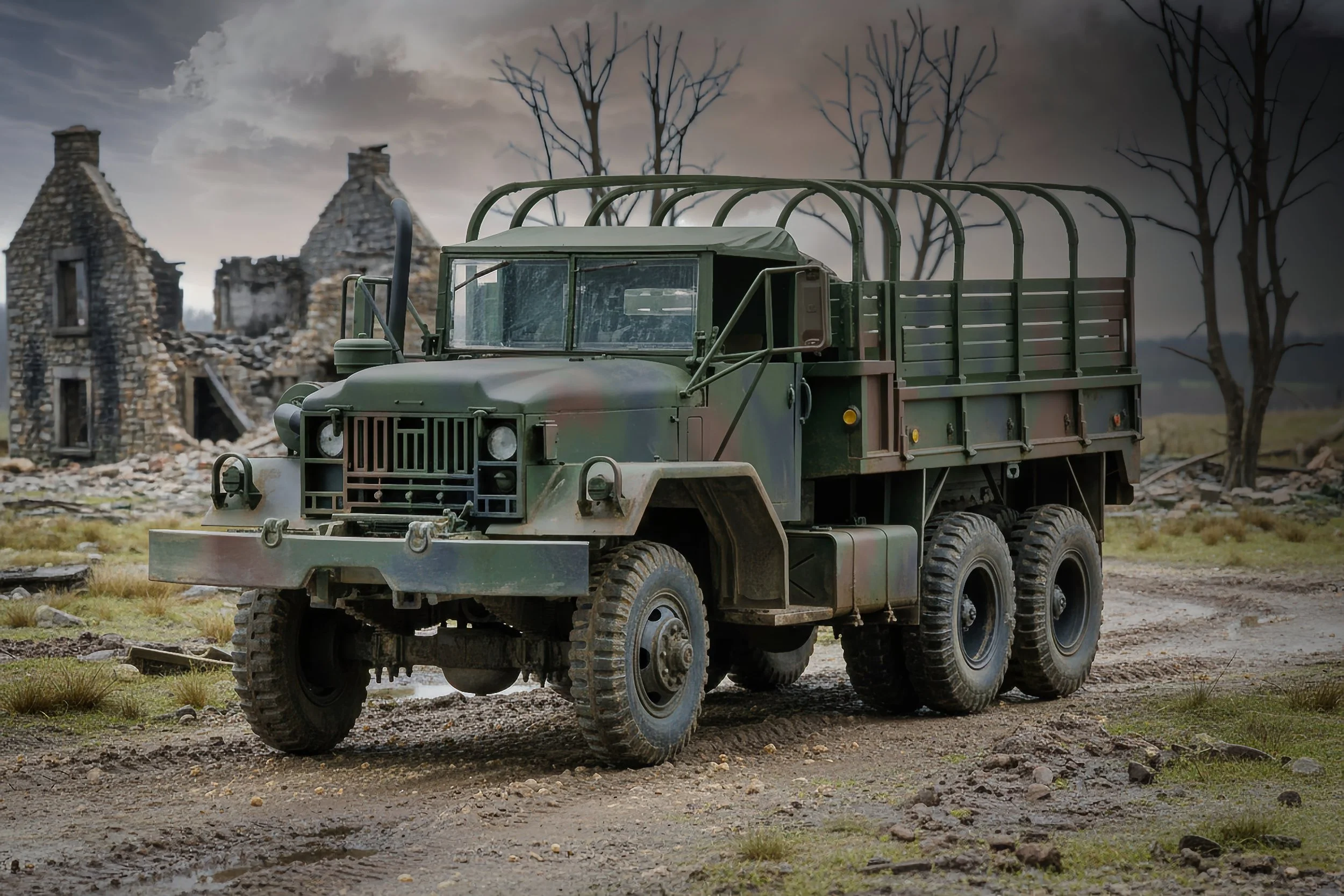 A military truck parked on a dirt road in a war-torn landscape with destroyed buildings and leafless trees in the background.
