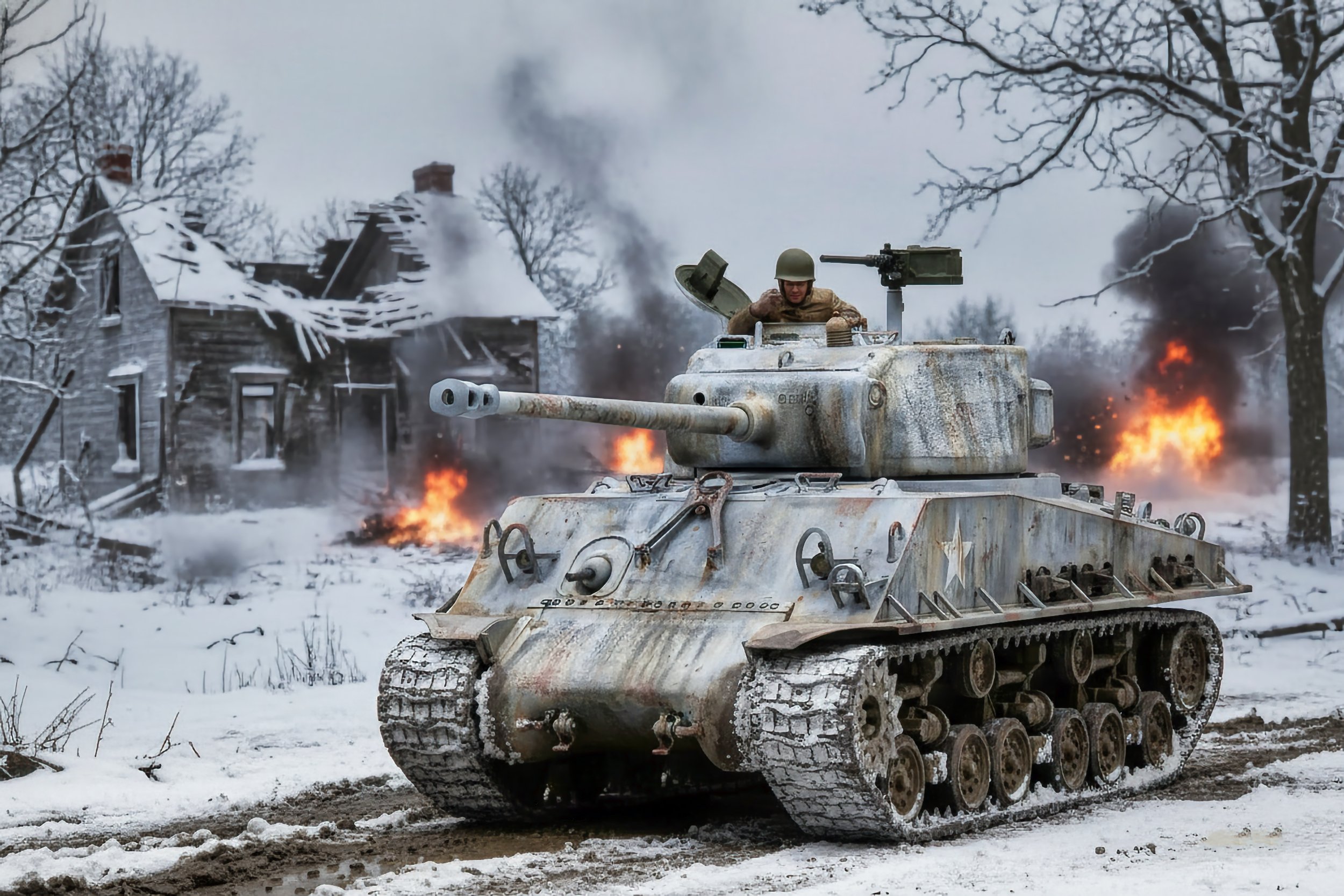 A military tank with a soldier in the turret, moving through a snowy battlefield with burning buildings and smoke in the background.