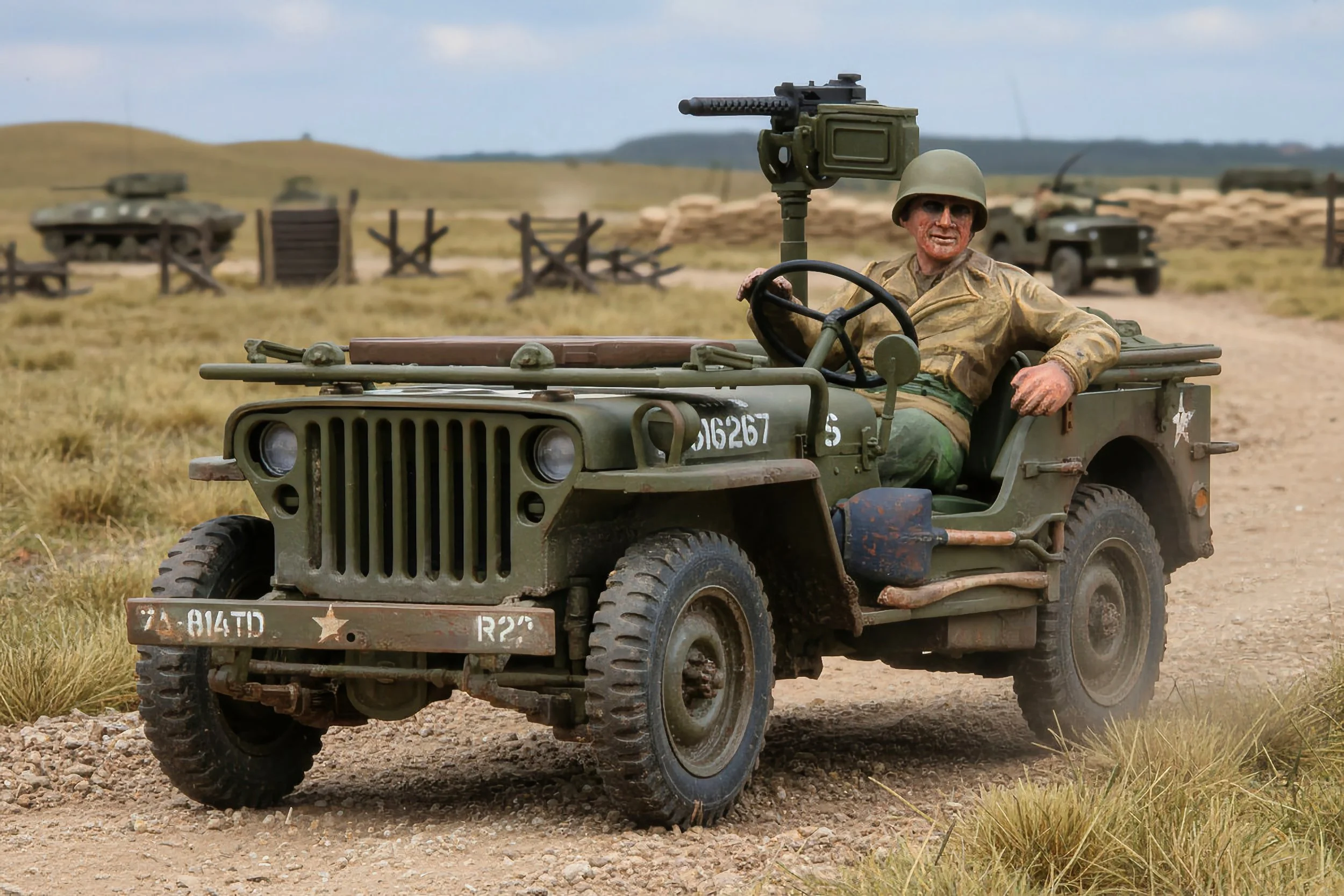 A soldier in military gear driving a vintage military jeep with a mounted machine gun on a dirt road in a rural landscape.