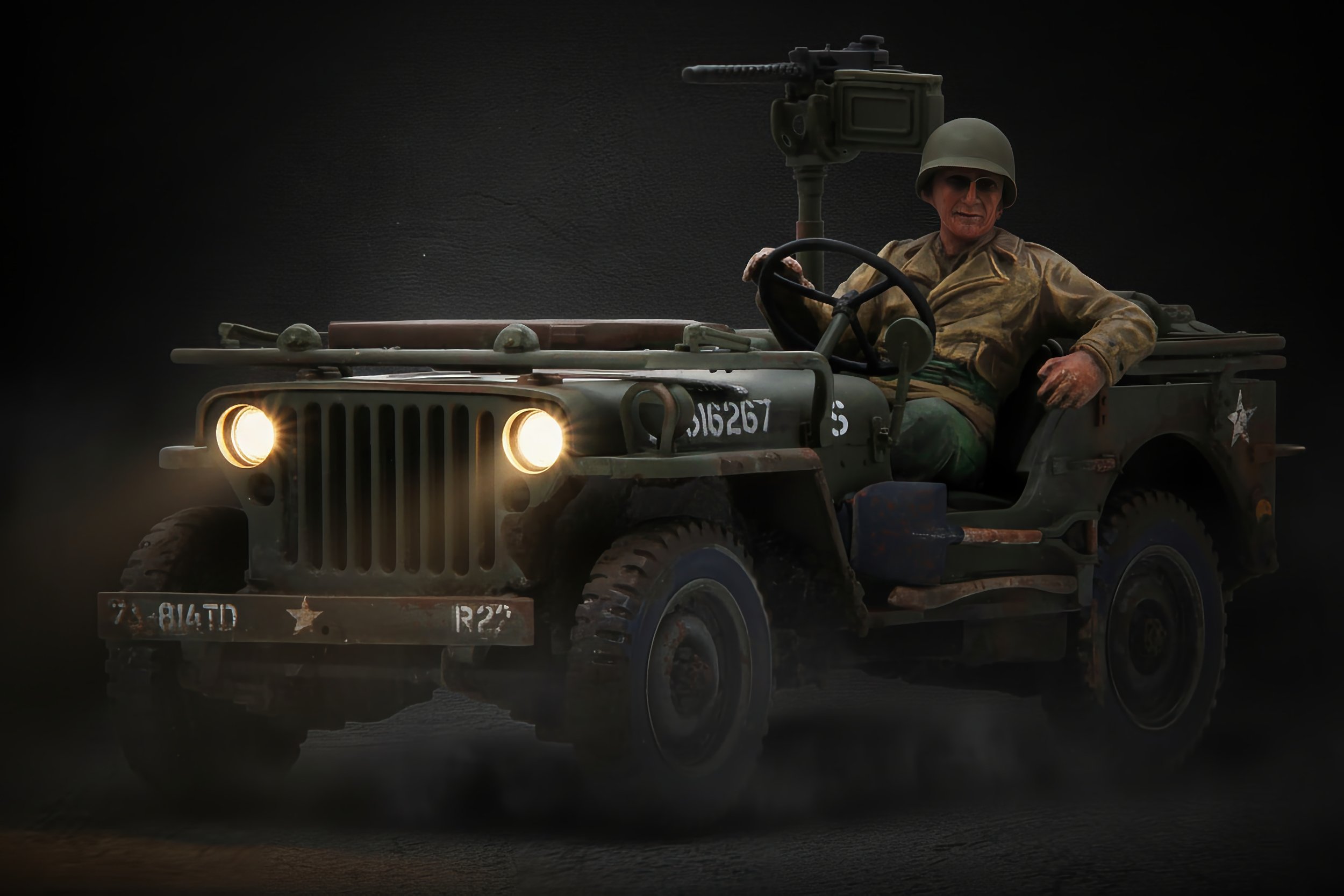 A vintage military Jeep with headlights on and a soldier figure wearing a helmet, seated in the driver’s seat, against a dark background.