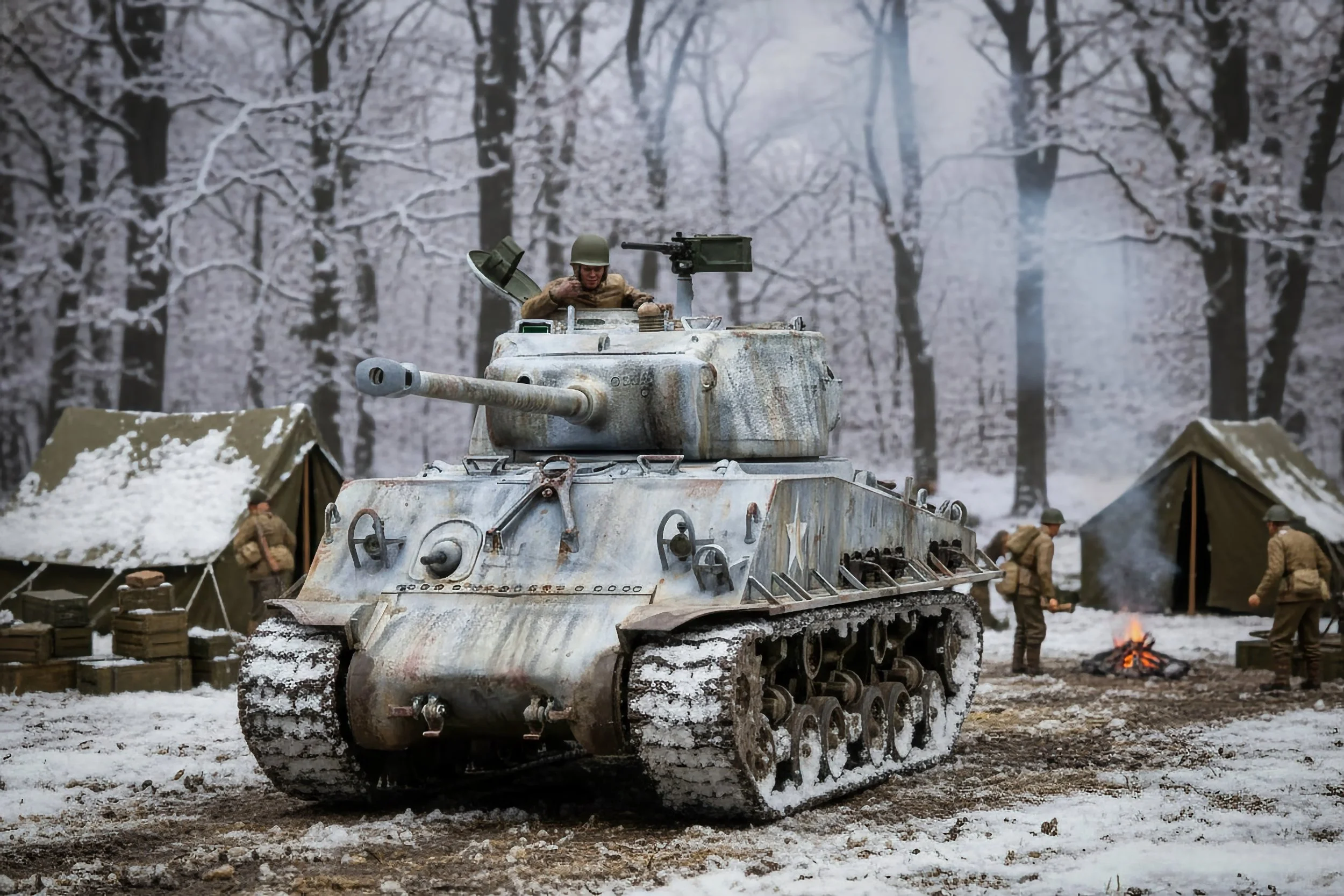 A military scene in a snow-covered forest with soldiers and a tank.