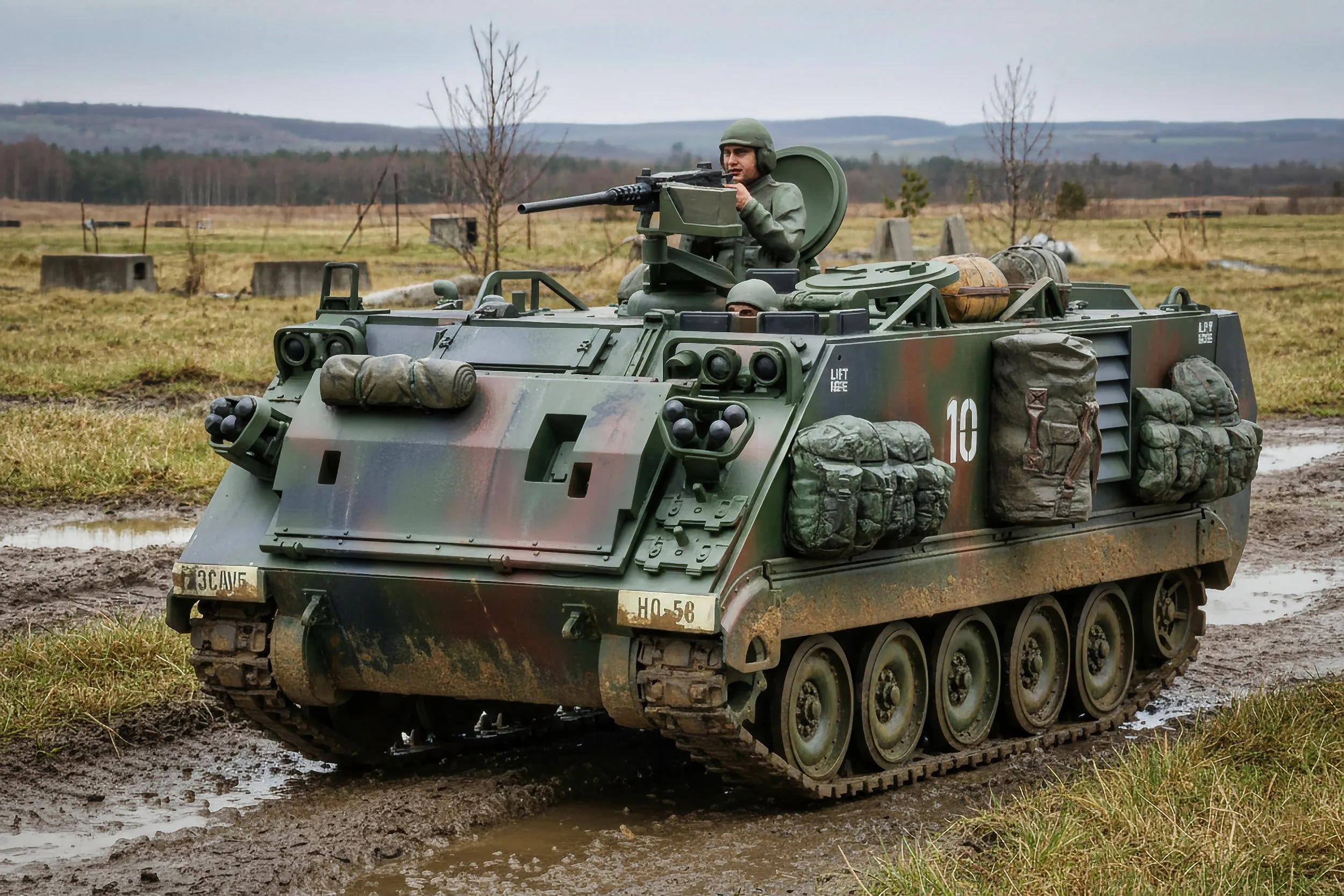A military vehicle, specifically an armored tracked vehicle with a soldier manning a mounted machine gun, is driving on a muddy field with grass and trees in the background.